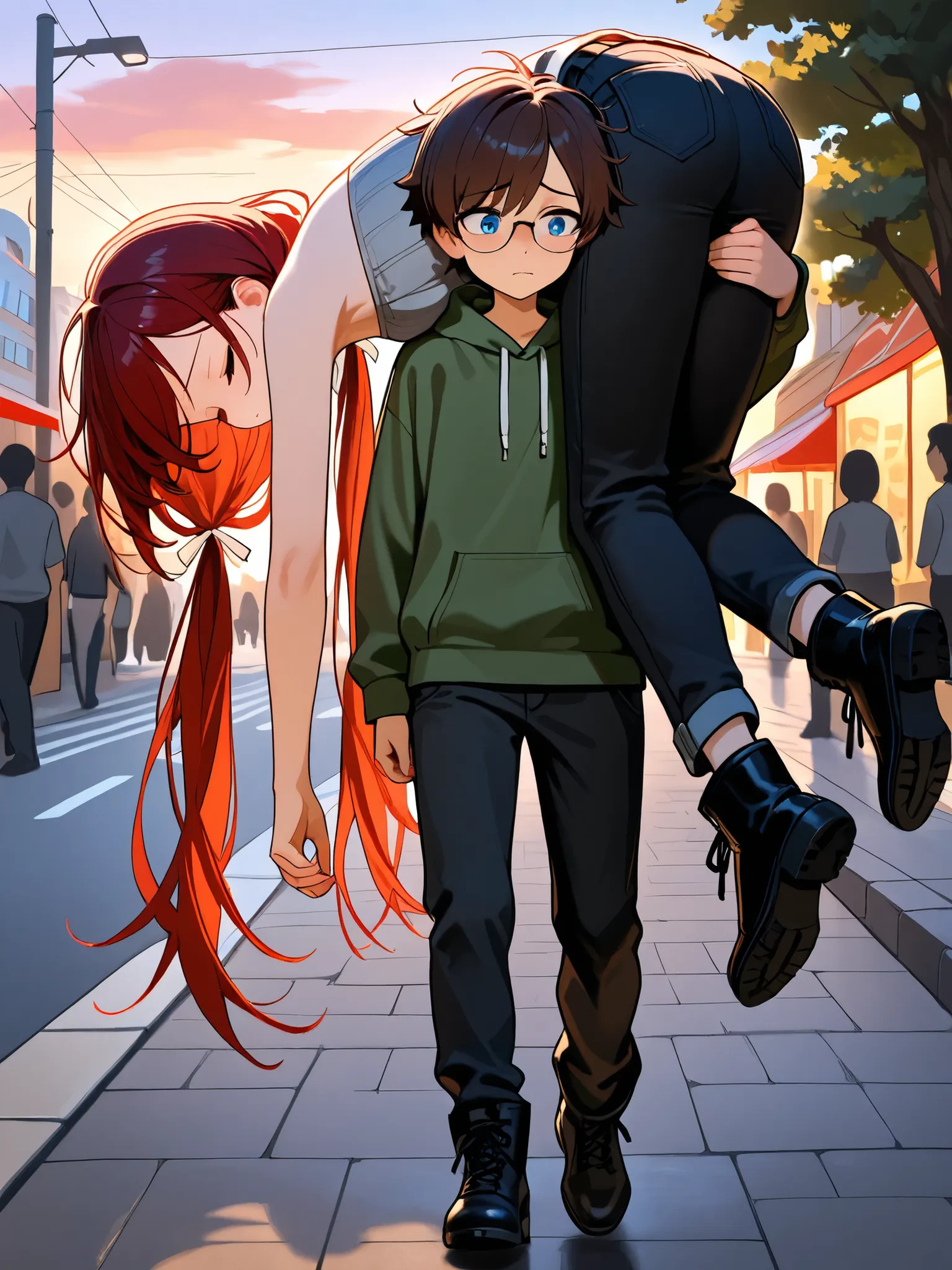 (masterpiece:1.2, Best Quality), (finely detailed beautiful eye: 1.2), (beautiful detailed face), boy carrying girl,carrying, dusk, girl focus, full body, focus on sleeping girl's face,facedown, carrying over shoulder, shoulder carry, ots carry, character:...