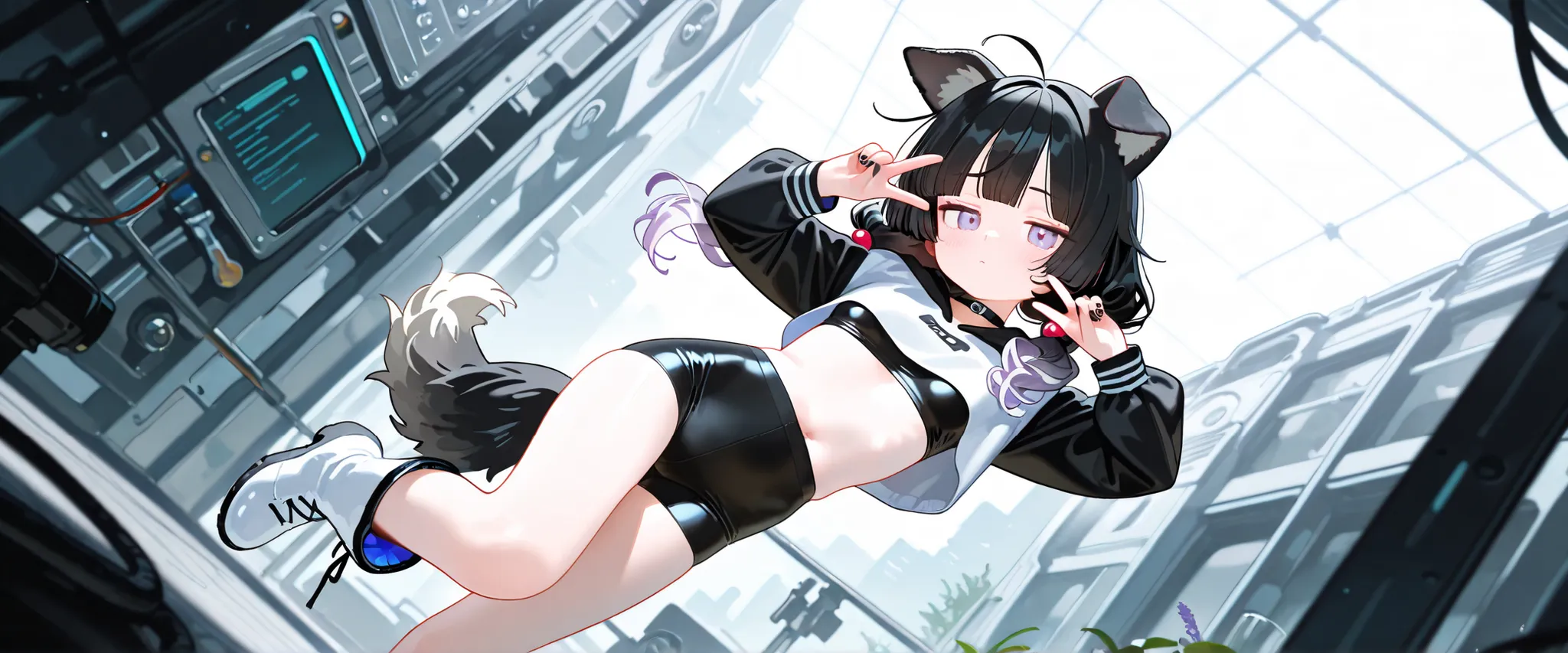 1girl, lavender eyes, jitome(0.5), Black Hair, white Grey Gradient Hair, blunt bangs, hime cut, Medium length twintails, curly hair, Full head of hair, dog tail, dog ears, small Breast, black clothes, black cropped top, Long sleeves, long Bike shorts, flow...