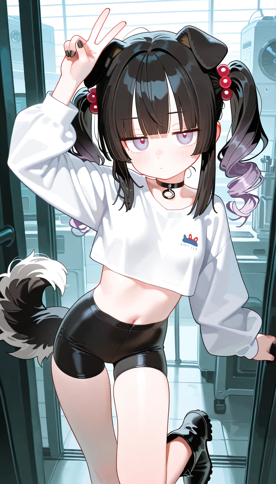 1girl, lavender eyes, jitome(0.5), Black Hair, white Grey Gradient Hair, blunt bangs, hime cut, Medium length twintails, curly hair, Full head of hair, dog tail, dog ears, small Breast, black clothes, black cropped top, Long sleeves, long Bike shorts, flow...