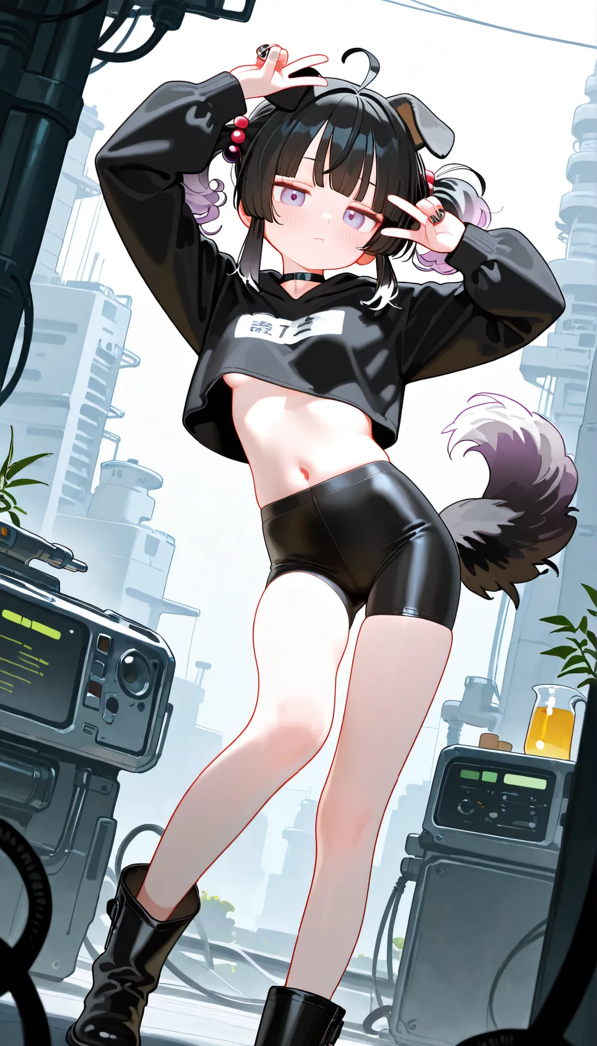 1girl, lavender eyes, jitome(0.5), Black Hair, white Grey Gradient Hair, blunt bangs, hime cut, Medium length twintails, curly hair, Full head of hair, dog tail, dog ears, small Breast, black clothes, black cropped top, Long sleeves, long Bike shorts, flow...