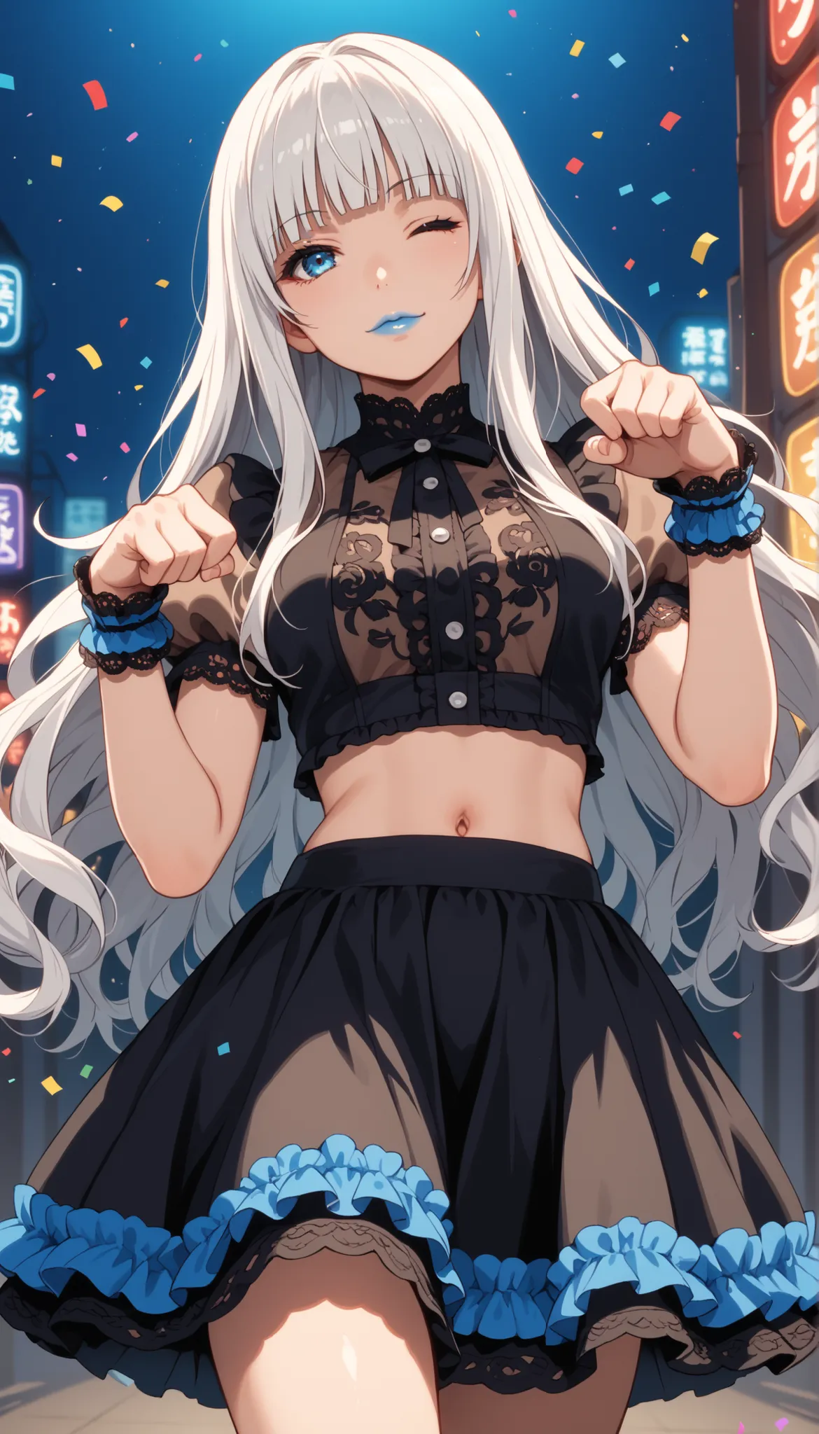 Score_9, score_8_up, score_7_up, score_6_up, source_anime, rating:general, 1girl, kirari momobami, white hair, long flowing hair, hime cut, blunt bangs, blue eyes, Sanpaku eyes, pale skin, round face, cute face, slender build, medium sized breasts, thick t...