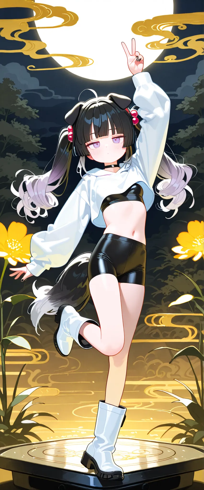 1girl, lavender eyes, jitome(0.5), Black Hair, white Grey Gradient Hair, blunt bangs, hime cut, Medium length twintails, curly hair, Full head of hair, dog tail, dog ears, small Breast, black clothes, black cropped top, Long sleeves, long Bike shorts, flow...