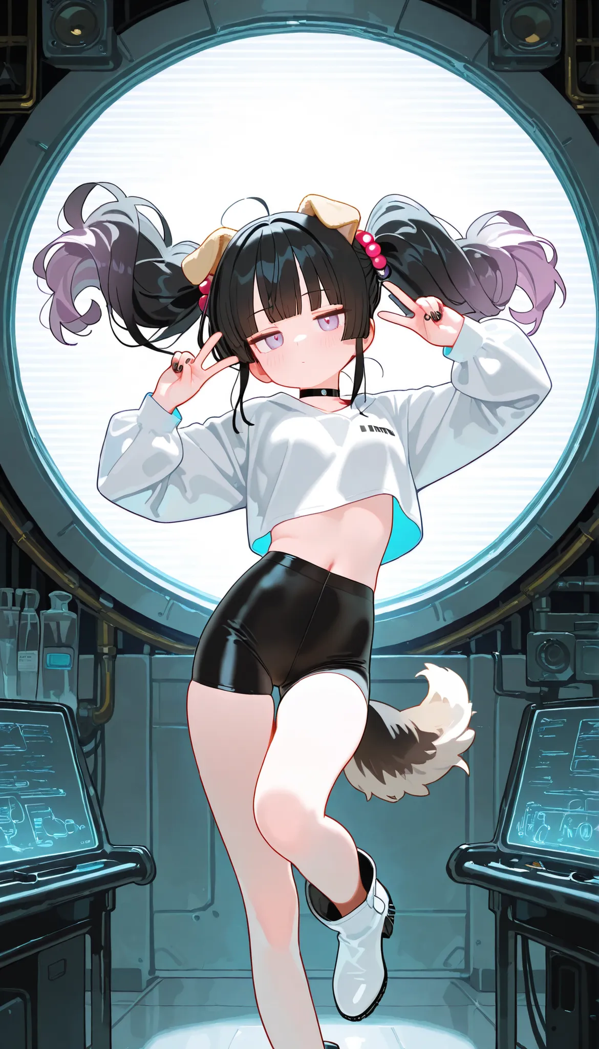 1girl, lavender eyes, jitome(0.5), Black Hair, white Grey Gradient Hair, blunt bangs, hime cut, Medium length twintails, curly hair, Full head of hair, dog tail, dog ears, small Breast, black clothes, black cropped top, Long sleeves, long Bike shorts, flow...