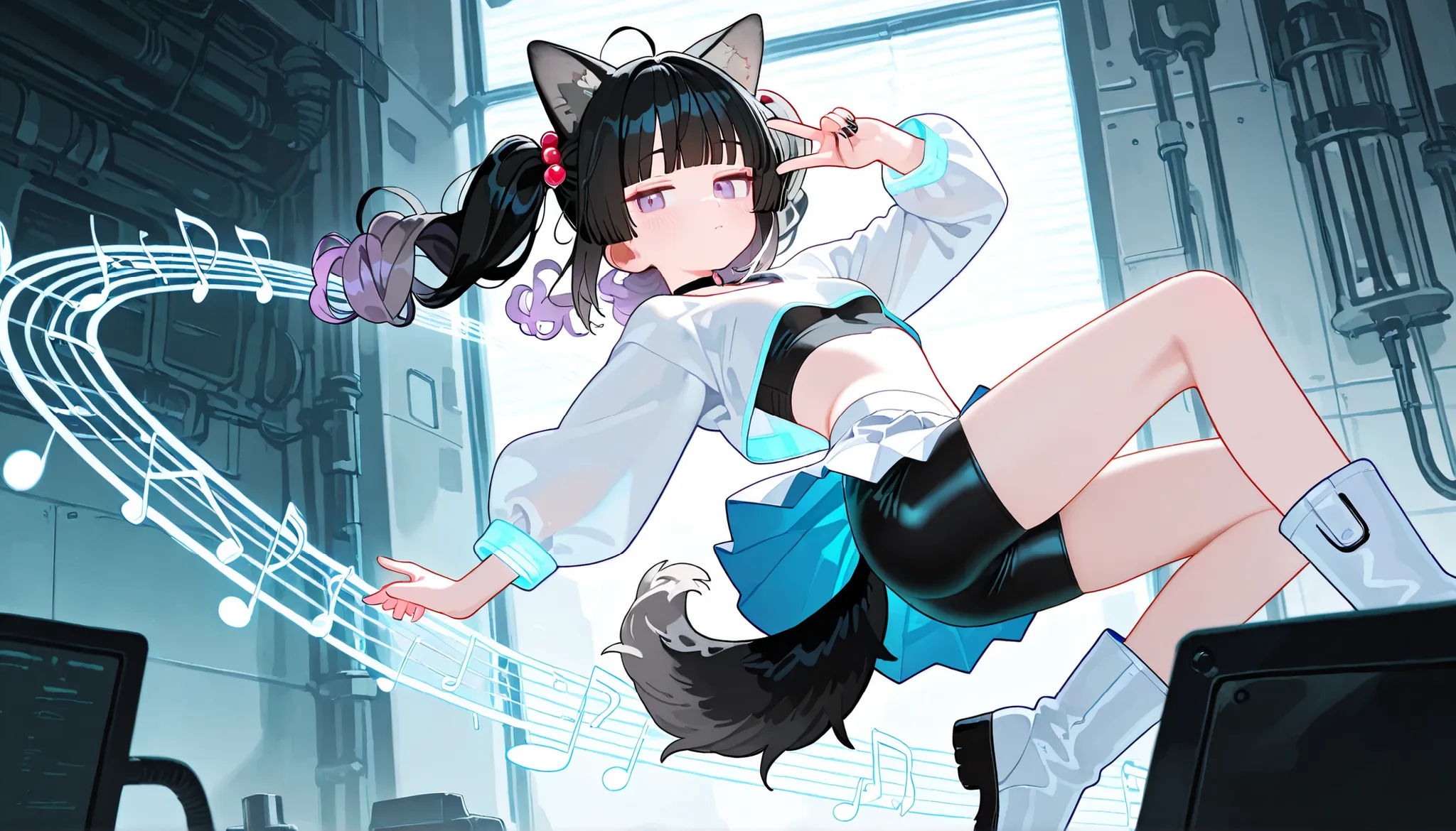 1girl, lavender eyes, jitome(0.5), Black Hair, white Grey Gradient Hair, blunt bangs, hime cut, Medium length twintails, curly hair, Full head of hair, dog tail, dog ears, small Breast, black clothes, black cropped top, Long sleeves, slit pleated skirt, lo...
