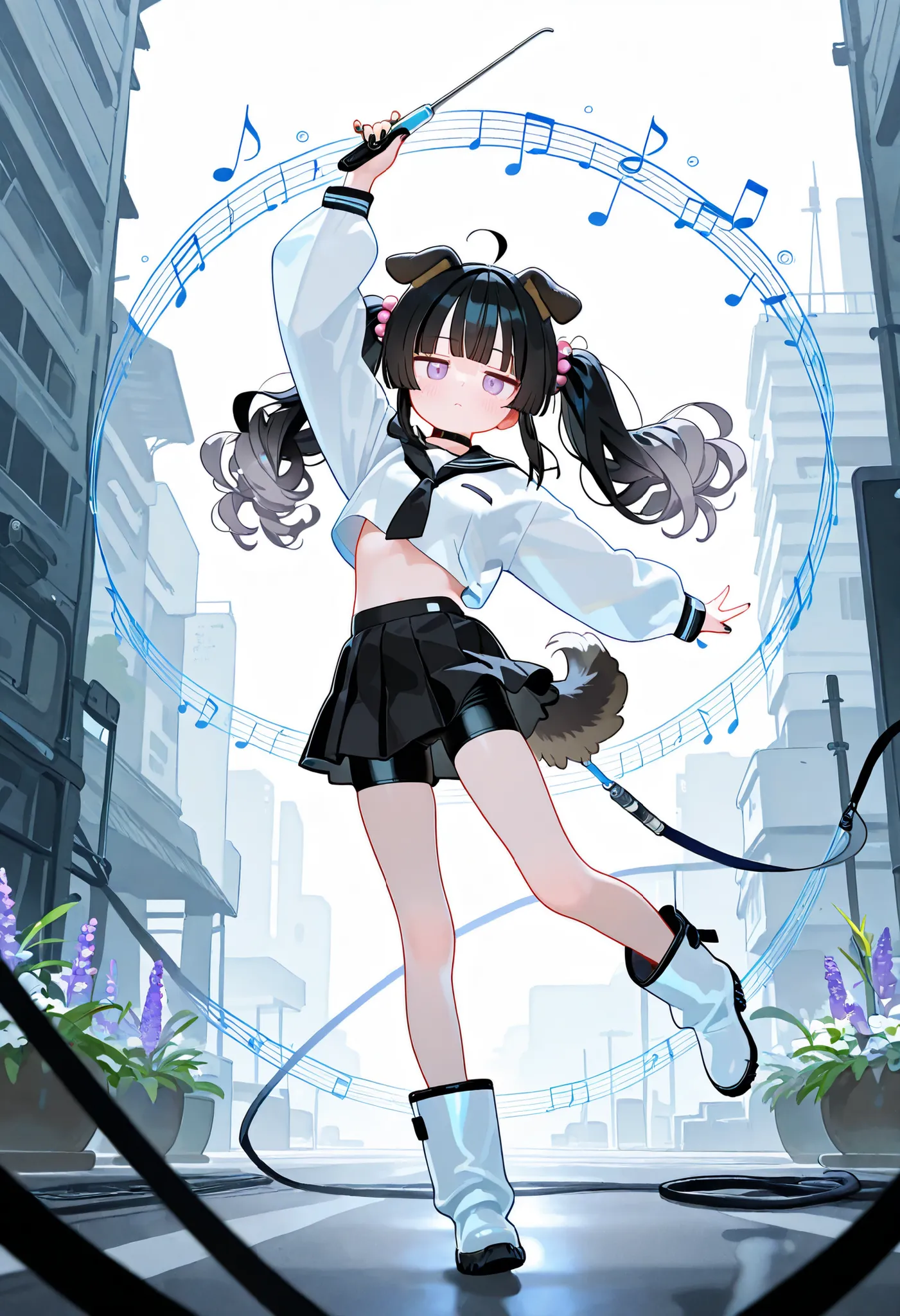 1girl, lavender eyes, jitome(0.5), Black Hair, white Grey Gradient Hair, blunt bangs, hime cut, Medium length twintails, curly hair, Full head of hair, dog tail, dog ears, small Breast, black clothes, black cropped top, Long sleeves, slit pleated skirt, lo...