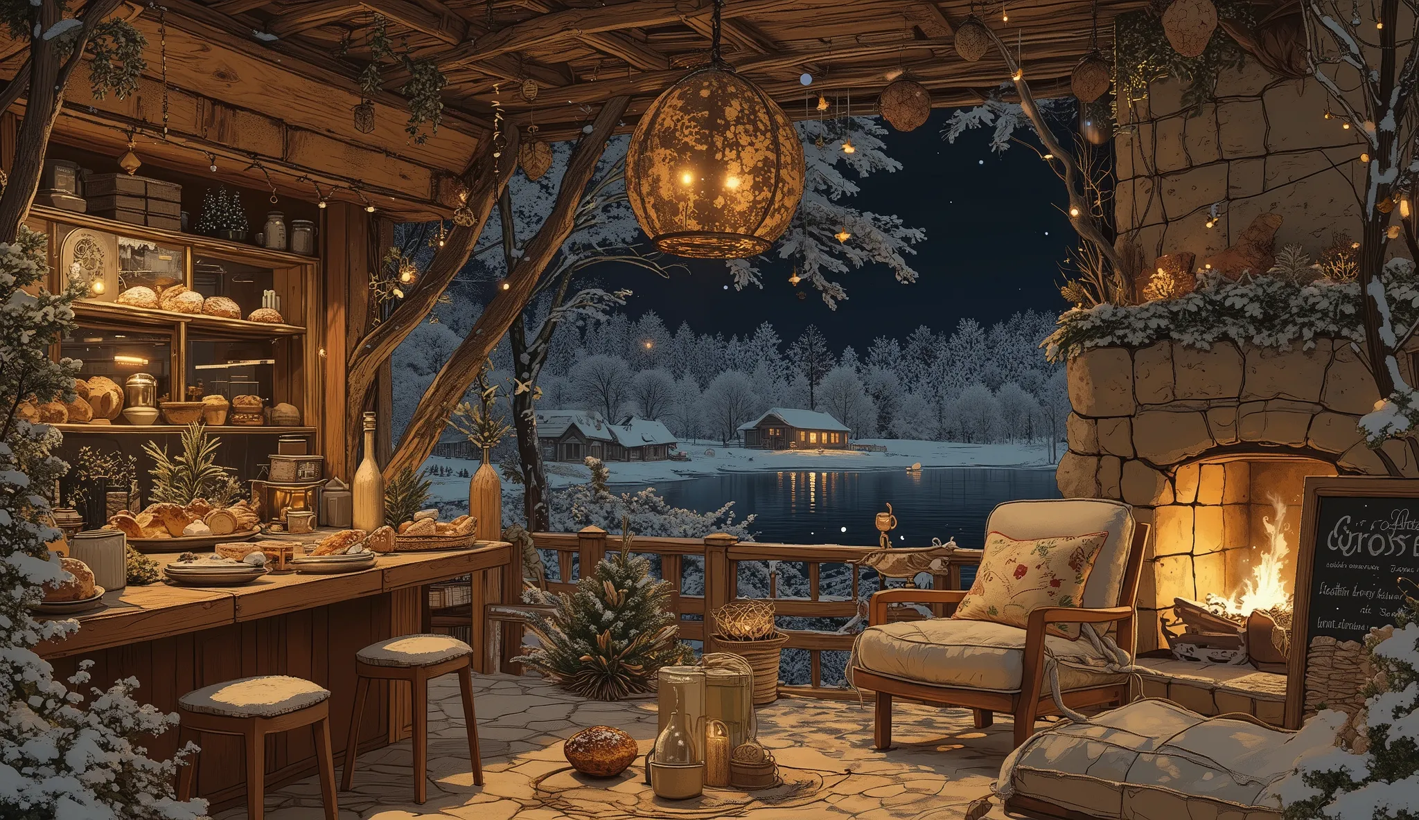 Cozy cabin with fireplace, không có cây Giáng sinhThe scene depicts a Cozy cabin with fireplace, without a rustic cafe Christmas tree, overlooking a beautiful Tranh sơn dầu và acrylic trên vải, một căn bếp của nhà bà ngoại vào ban đêm. Cảnh được dựng theo ...