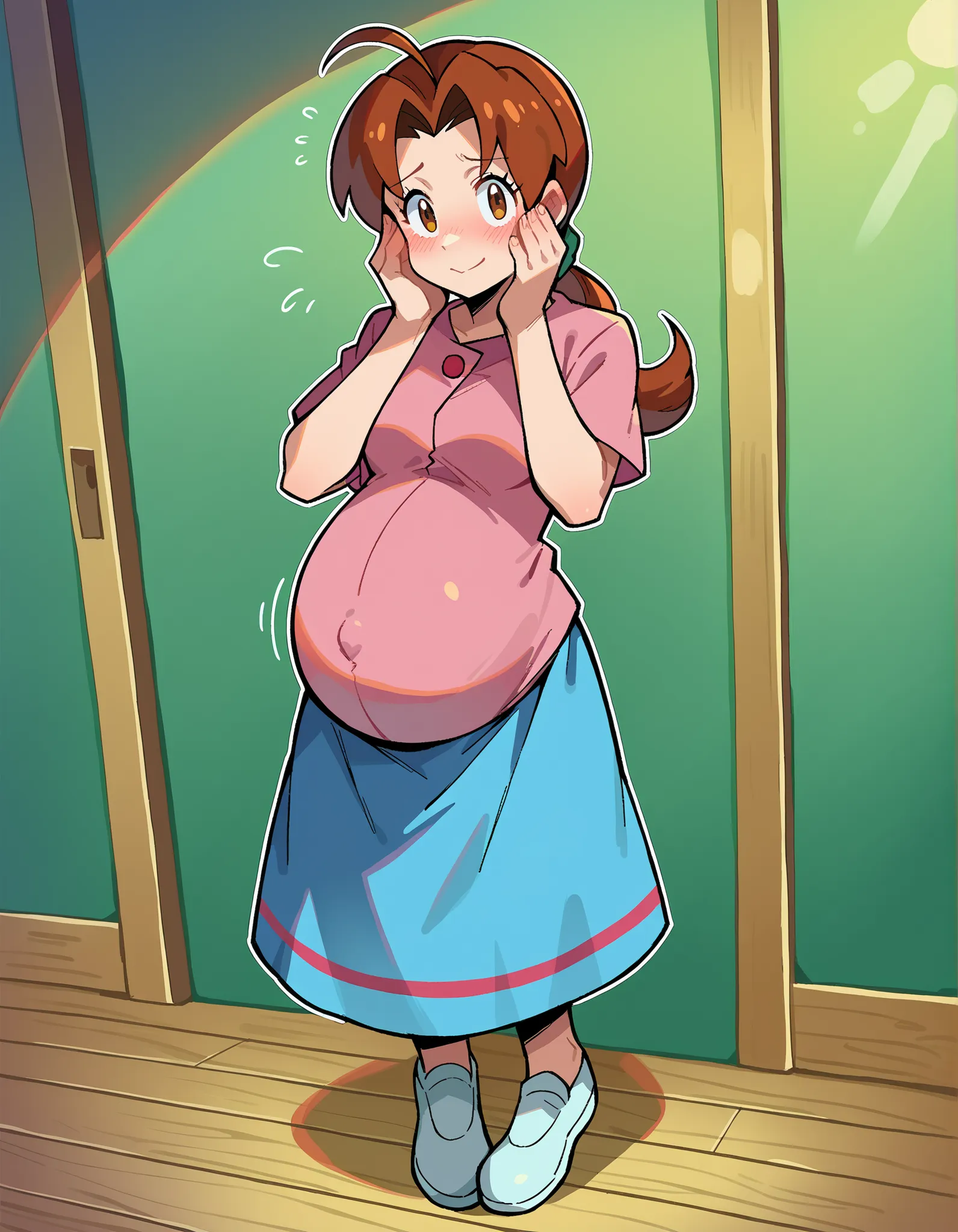 score_9, score_8_up, score_7_up, source_anime,
deliaketchum, 
deliaketchum, brown hair, brown eyes, parted bangs, ahoge, ponytail, low ponytail,
shirt, pink shirt, short sleeves, skirt, blue skirt, long skirt, solo, 1girl, character alone, full body, 
indo...