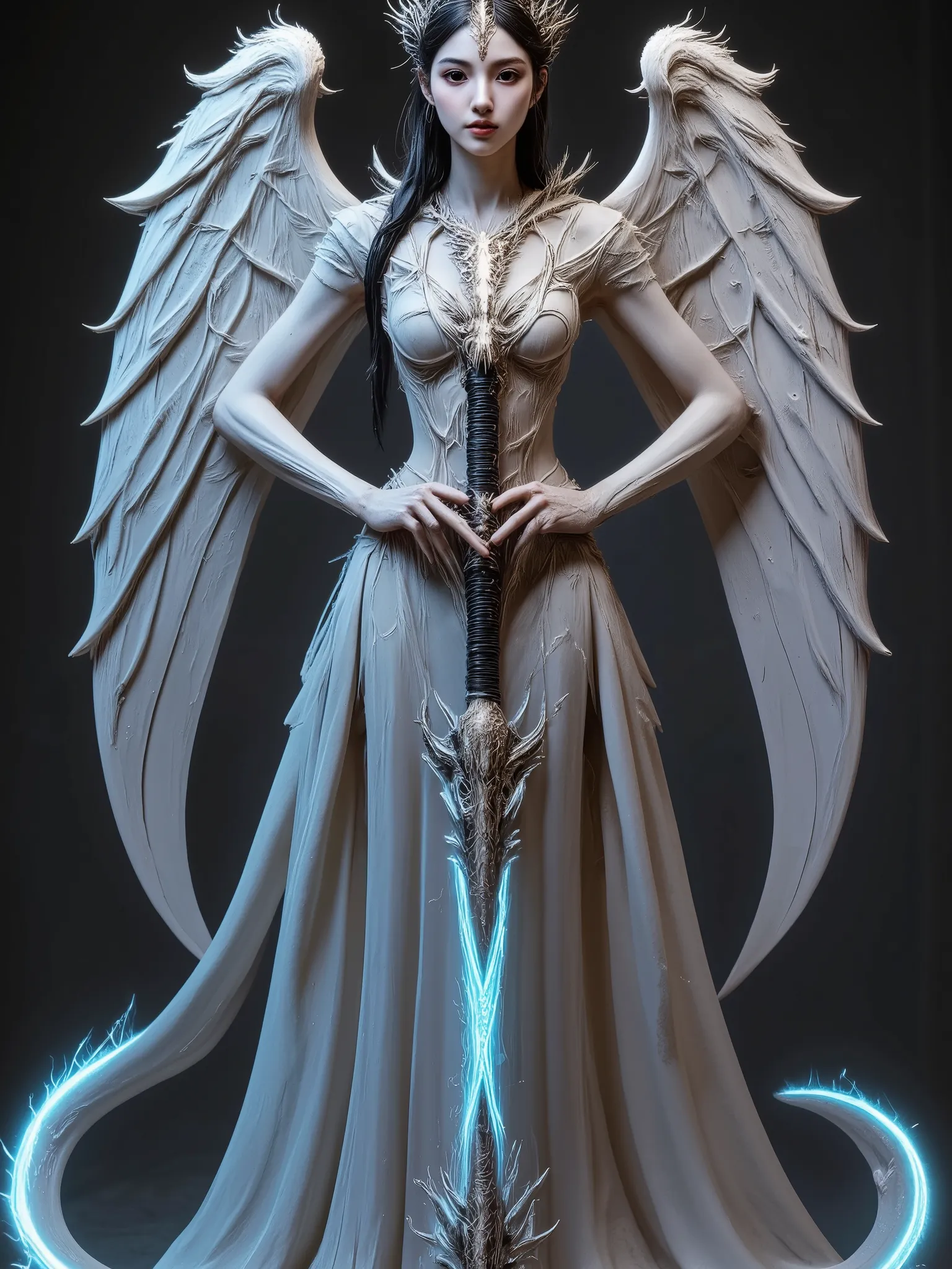 A beautiful Japanese woman stands on her knees, seamlessly merging with multiple angels and demons emerging from the dark background. Her organic skin appears wet and glistening with a mucous membrane-like texture, her black hair is tangled around her head...