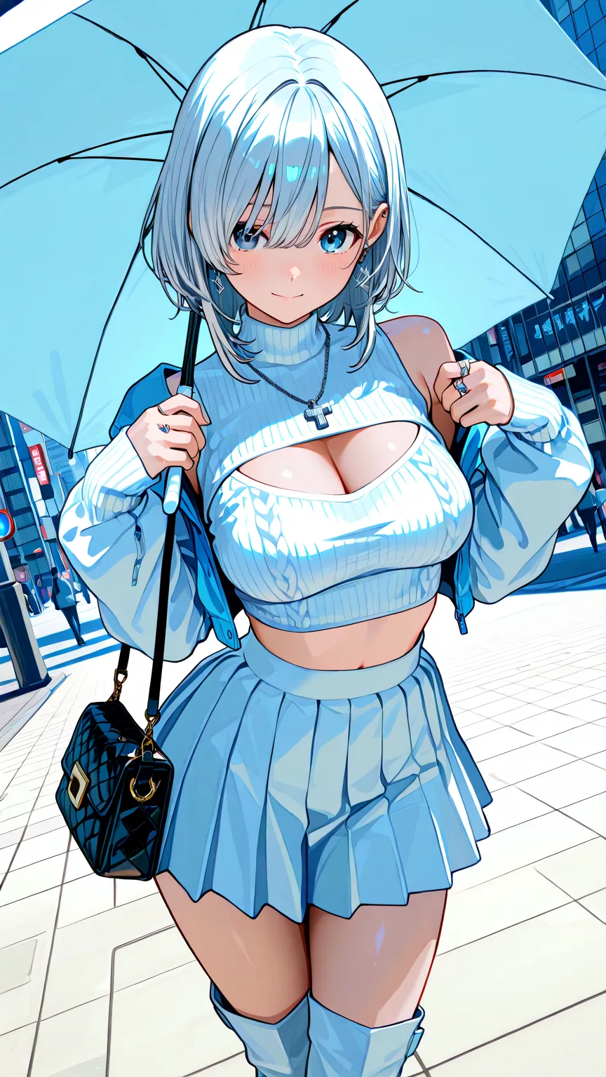 Noble Simple High Brand Shinjuku Girl,Princess Japanese Face with Attention to Details,Cute Is the Silver Eye of Justice,tall,(163cm:1.1),24 years old,BREAK Beautifully Shaped Breasts,slender body,constricted,My toes are long ,Smooth Skin,Fair skin,Girl with White Silver Hair,Simple medium hair,BREAK (outer simple pastel white short cropped jacket),(Pastel white lacy knit shirt),pastel white silk pleated skirt,BREAK (casual pastel white jockey long boots that follow the body line),(Chanel Style High Brand Bag),Platinum Earrings,Gothic Made with Multiple Rings Cross Silver Necklace,parasol,BREAK (Shinjuku, Shinjuku-ku, Tokyo３Kome ３７Background:1.3),(Graceful shoulder-eye closure pose),BREAK shoulder angle,throw,rimlight on chest,(dynamic shadows:0.8),BREAK (God's miracle masterpiece:1.2,BREAK Best high quality,high quality:1.2, Unity 8k )