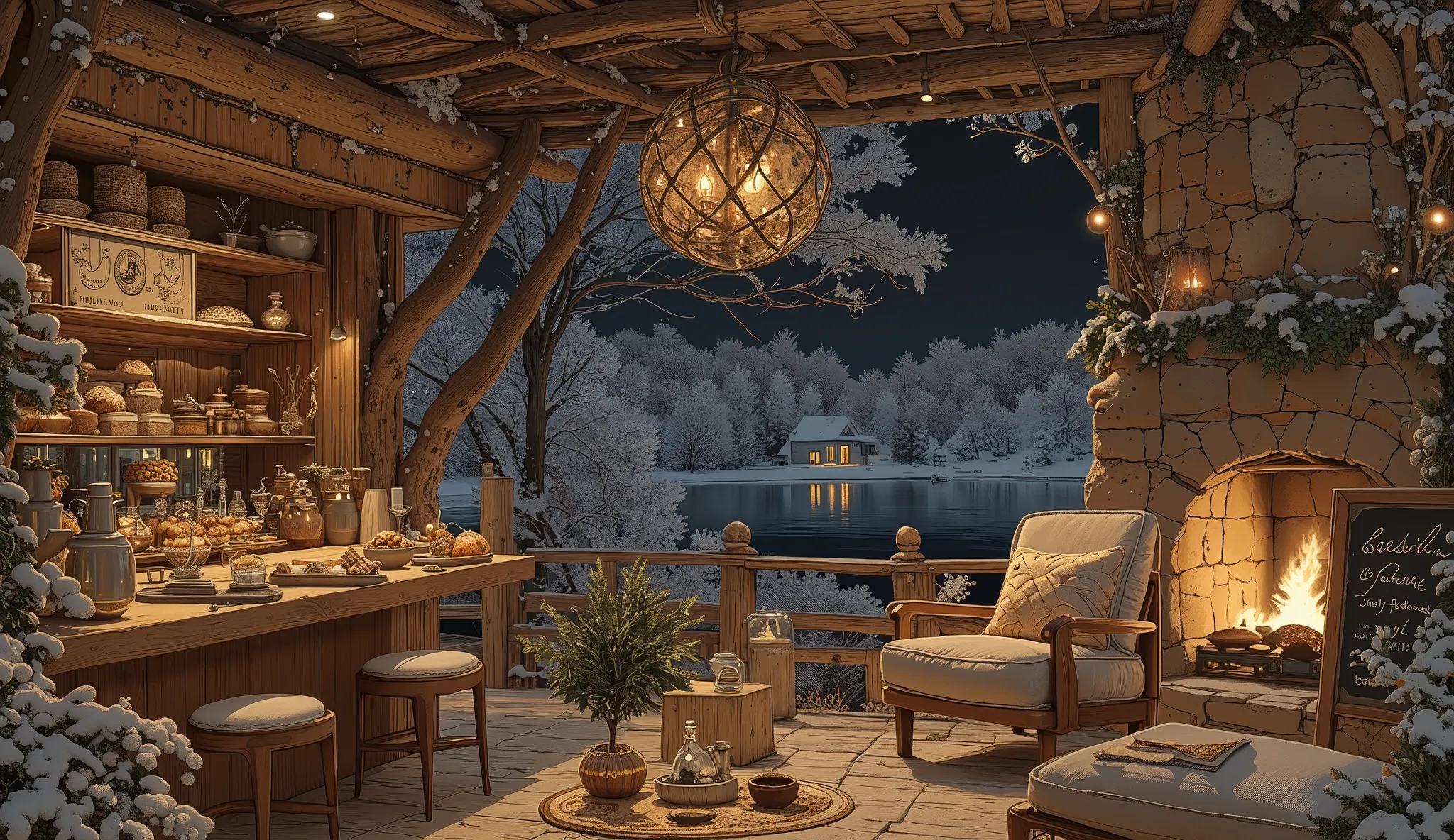 Cozy cabin with fireplace, không có cây Giáng sinhThe scene depicts a Cozy cabin with fireplace, without a rustic cafe Christmas tree, overlooking a beautiful Tranh sơn dầu và acrylic trên vải, một căn bếp của nhà bà ngoại vào ban đêm. Cảnh được dựng theo ...