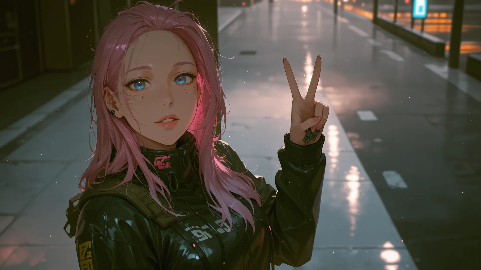 Girl with long pink hair,blue eyes,Forehead,cyberpunk