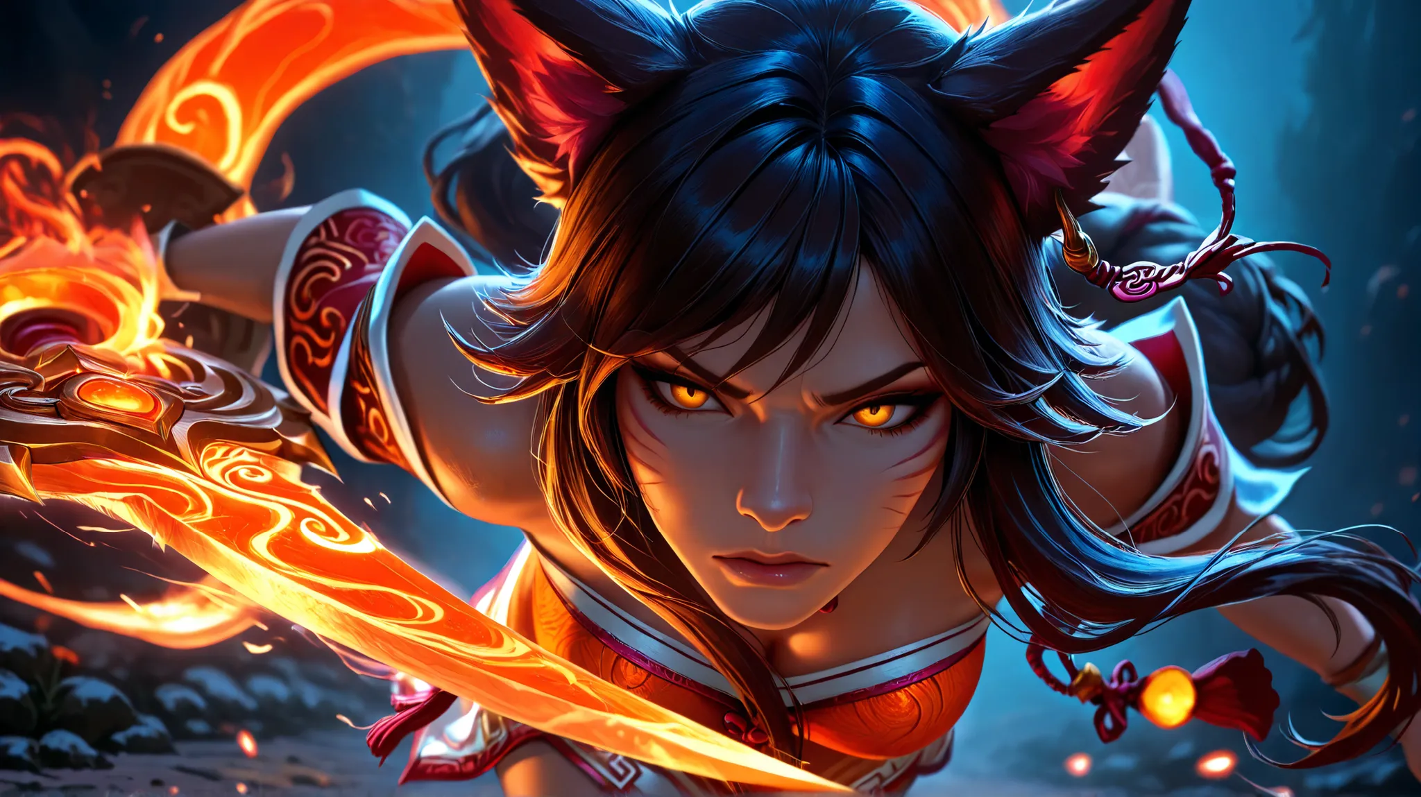 Ahri from League of Legends, orange uniform, orange auntum dress, brown hair,cinematic dramatic lighting, solo portrait, highly detailed face, piercing gaze, intense expression, dynamic-angle, walking, dramatic view,fantasy art, magical, photorealistic, 8K...
