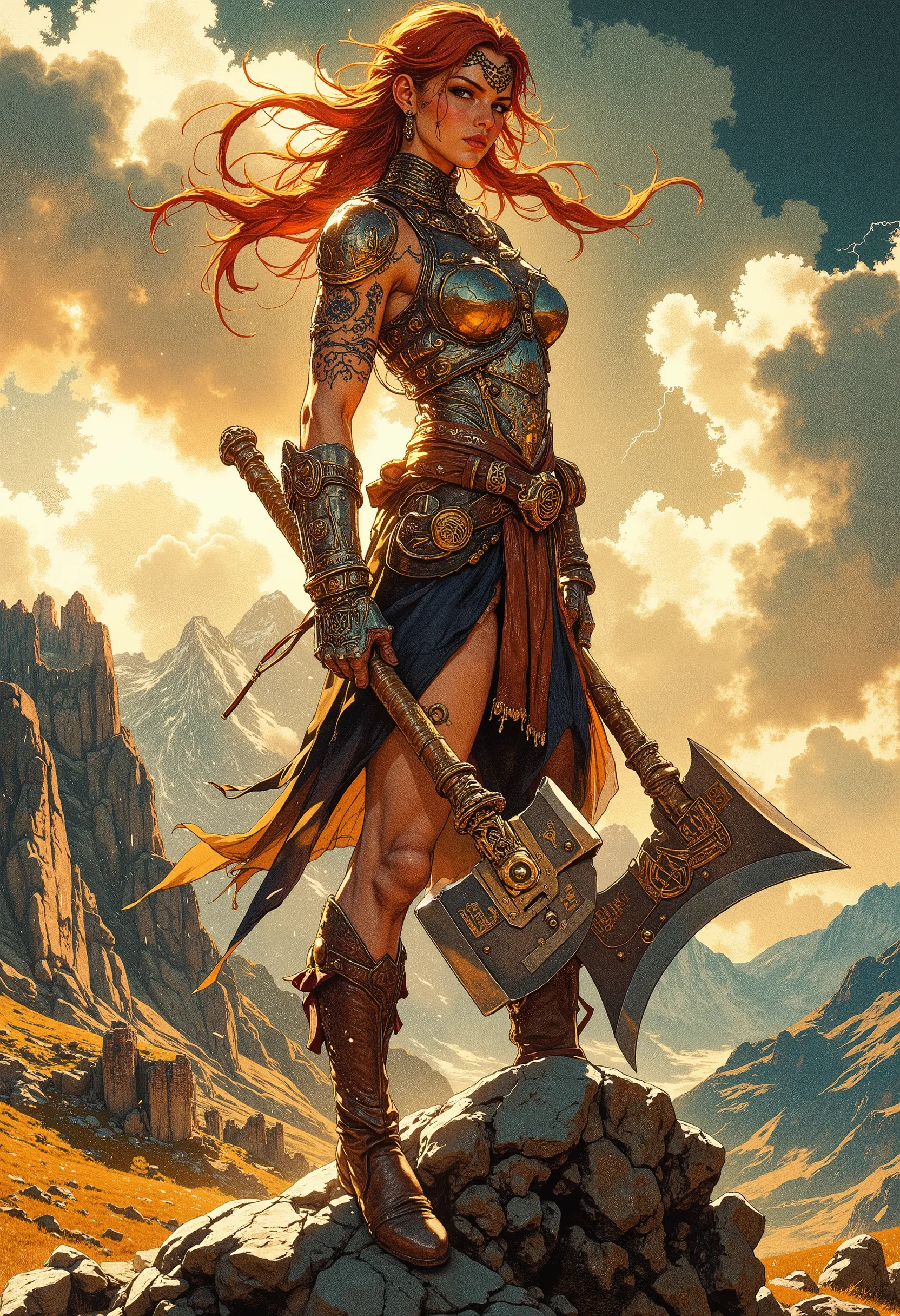 The Japanese manga-style poster depicts a ferocious berserk dwarf woman, her muscular back decorated with intricate runic tattoos, standing atop a rocky mountain peak. Her wild fiery red hair, braided in gold rings, flutters in the wind. She wields a massi...