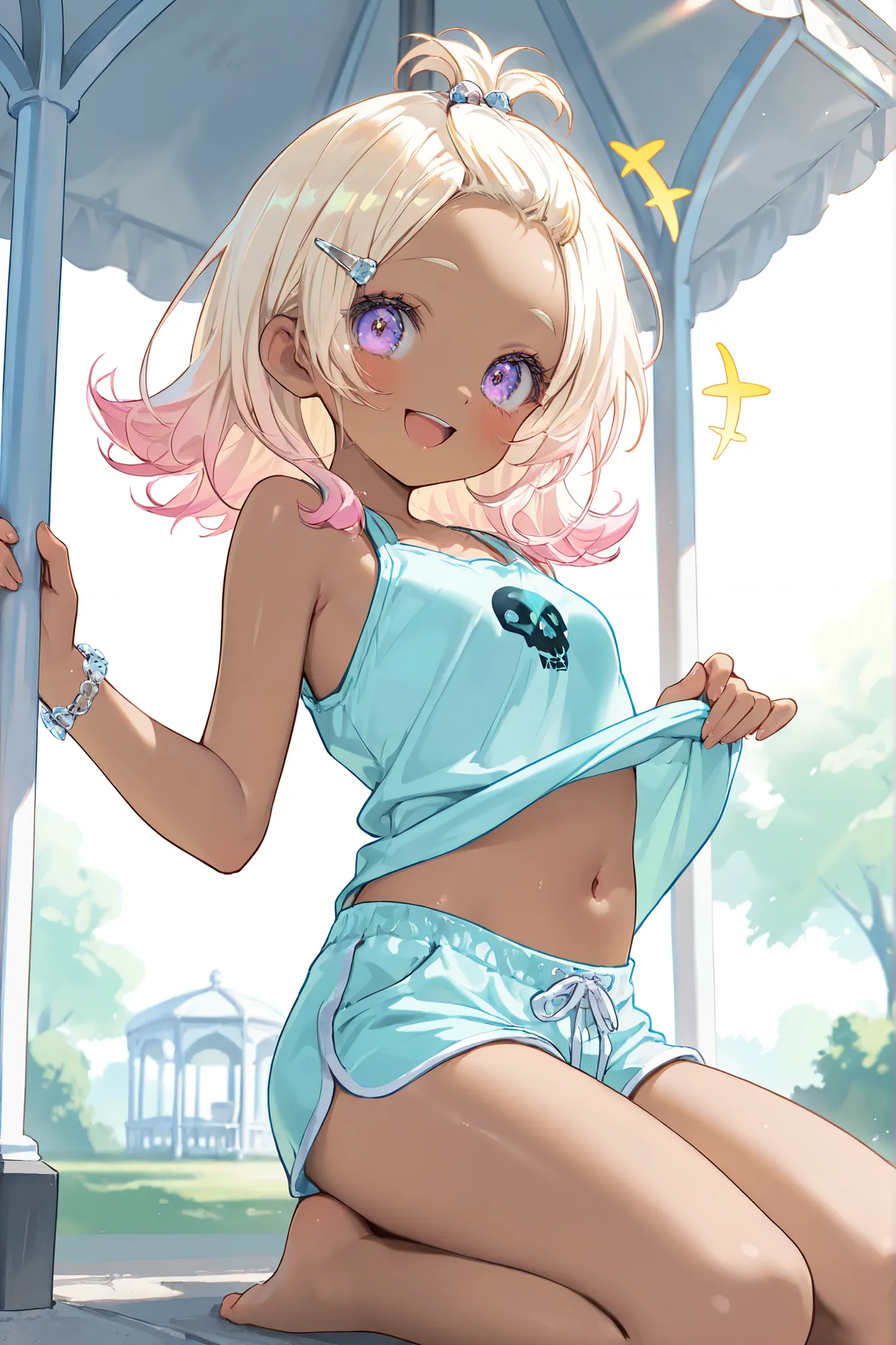 ((Masterpiece)), ((best quality, very aesthetic, absurdres, newest)), (wide shot), (8K), (cinematic lighting), ((1girl)), (cute young girl), (Healthy body, Textured skin, small breast, tilt head), ((brown-skin)), Glossy straight hair, (bangs pinned back, ...