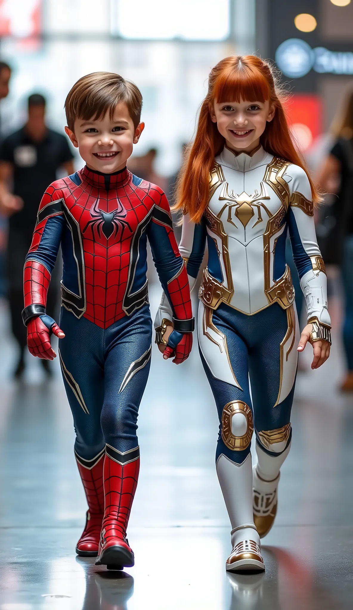 character: 1 baby brown hair Wearing futuristic red spider body suit with blue silver armor futuristic white accents, and 1 baby girl red hair with bangs Wearing futuristic white Spiderman body suit with gold silver armor futuristic white accents . They L...