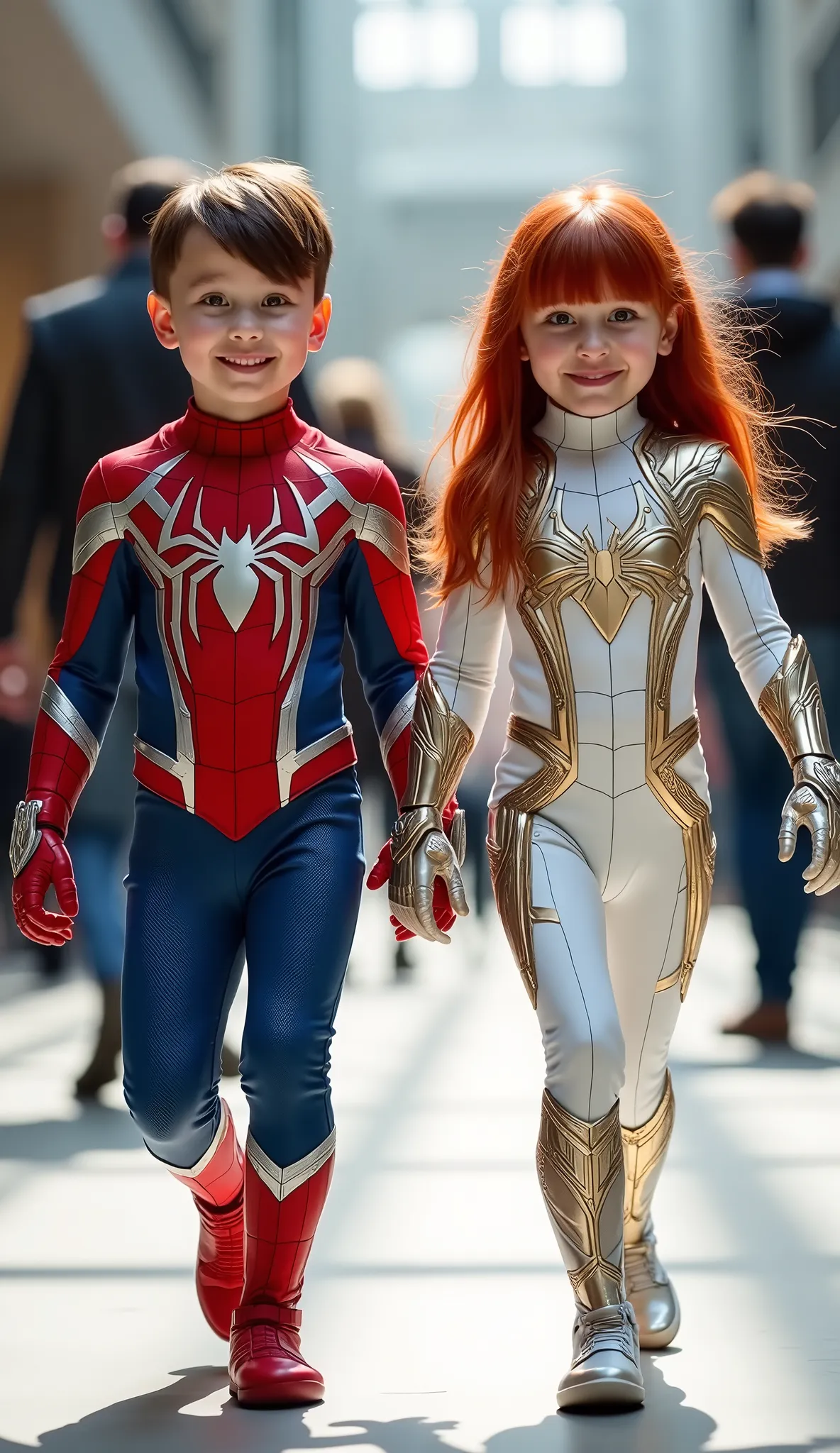 character: 1 baby brown hair Wearing futuristic red spider body suit with blue silver armor futuristic white accents, and 1 baby girl red hair with bangs Wearing futuristic white Spiderman body suit with gold silver armor futuristic white accents . They L...