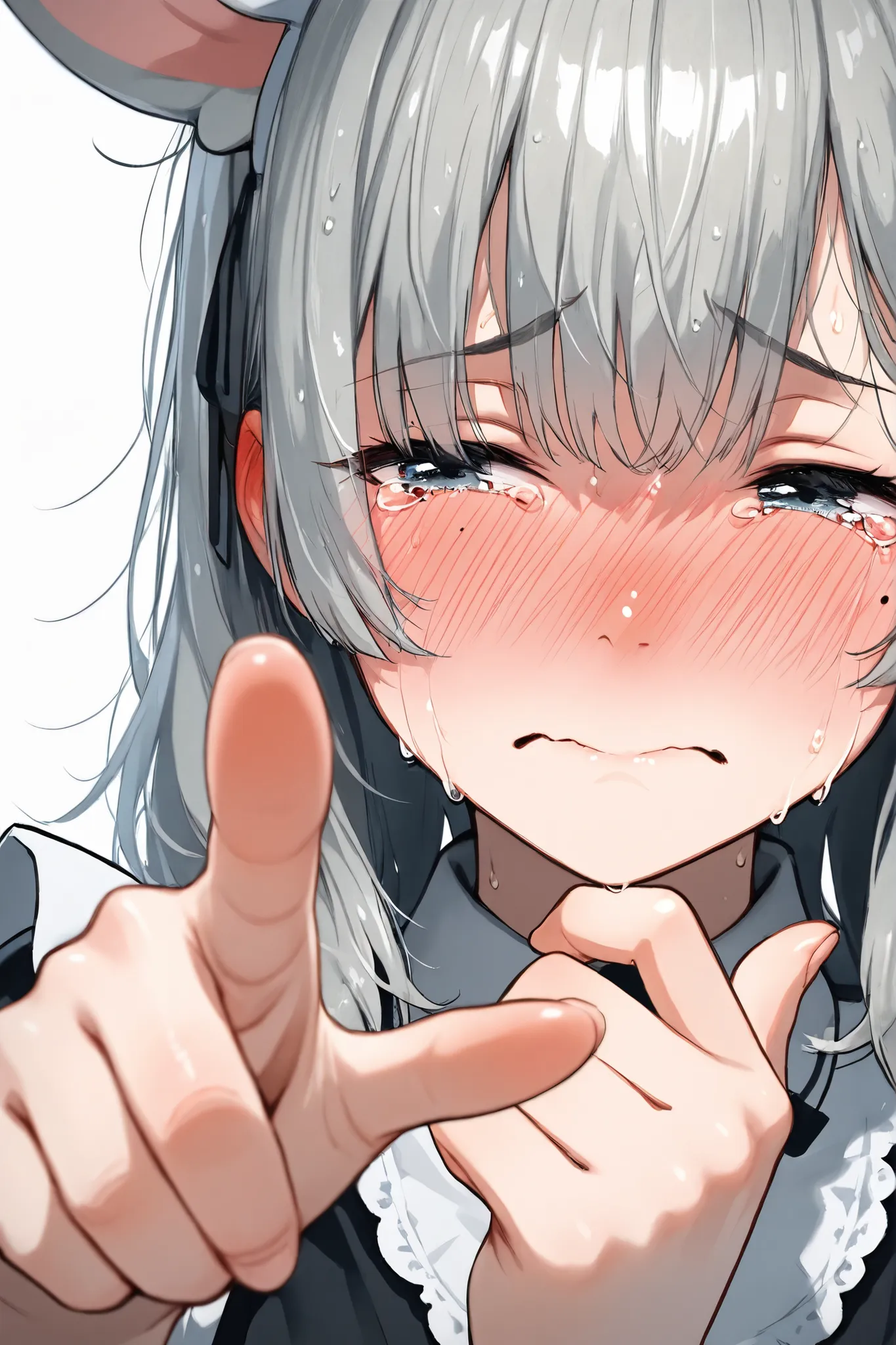 High quality texture, a cute girl, maid,Front, >:(, portrait, (Ears Blush,nose blush,full blush:1.3), sweaty hair,Mole under the eye,tears,half close eyes,finger pointing at side,(finger focus, perspective:1.3)
