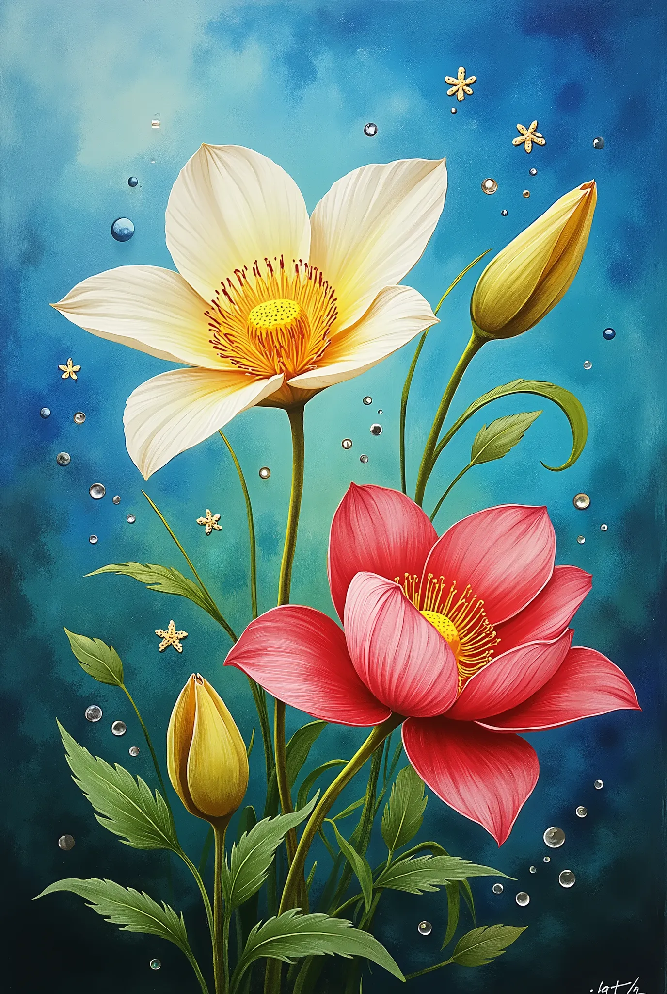 abstract art, expressive, oil painting, landscape, blue, yellow, red, white, pink, cyan, green, gleaming diamond with golden accents, radiating light, amidst brilliance, symetrical hyperdetailed texture, pearl filigree, perfect composition, ethereal, sky, ...
