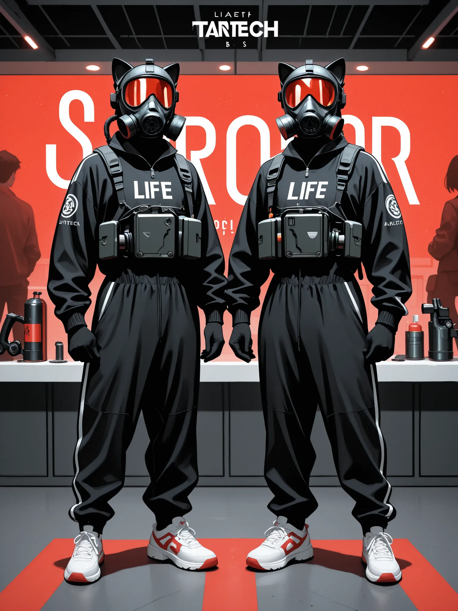 Logo in a futuristic style, with the text "Life Meow". Cartoon of two people standing together, holding guns and wearing gas masks with black tracksuits underneath and white shoes. The background is a solid red color, and the art is in a vector style with ...