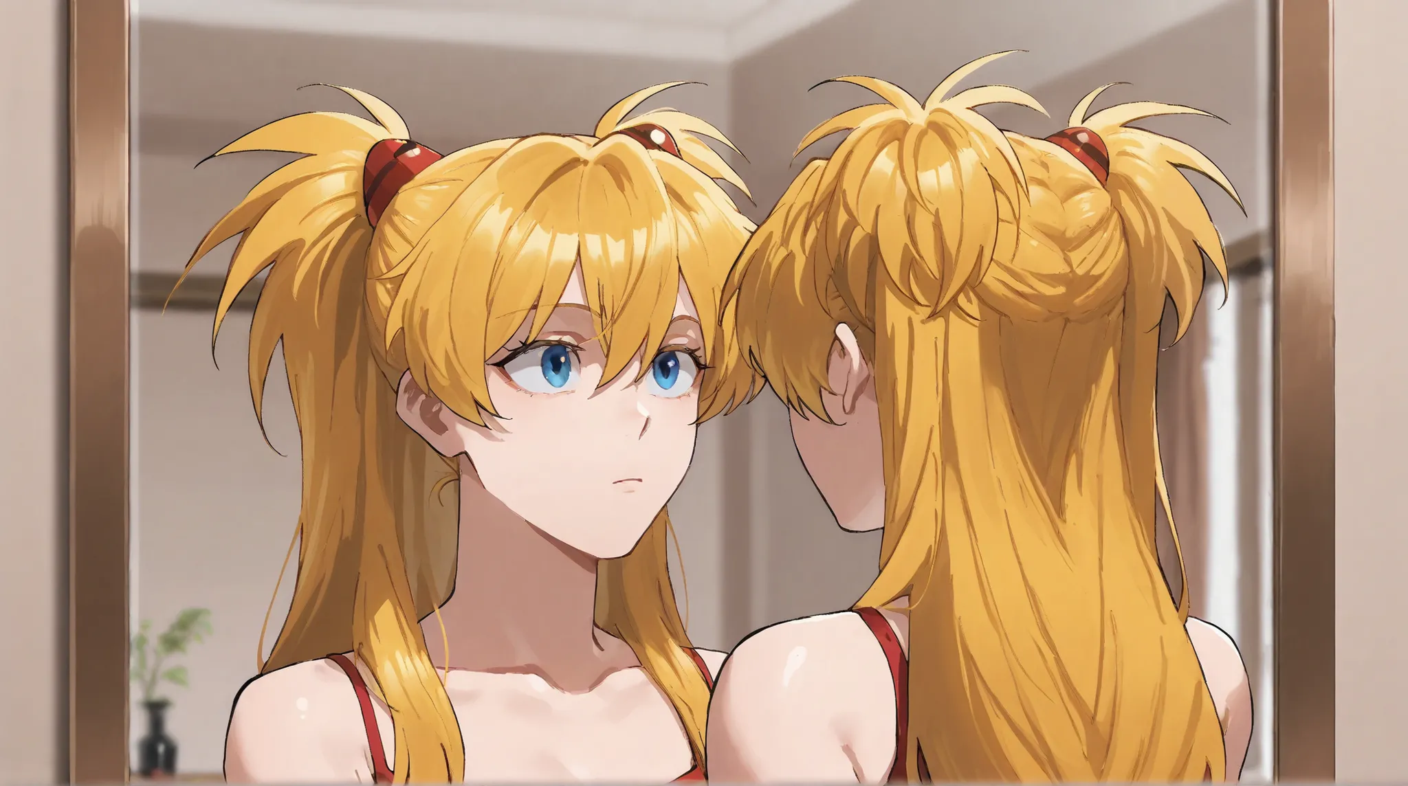 Asuka,Stand in front of the mirror and look in the mirror,右边是yellow hair的女孩,On the left is a mirror,projecting the appearance of a girl,yellow hair, double ponytail,There are also two red connectors on the head