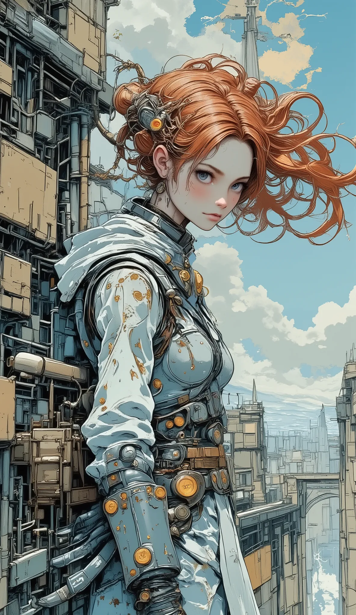 The Japanese manga-style poster depicts a ferocious berserk dwarf woman, her muscular back decorated with intricate runic tattoos, standing atop a rocky mountain peak. Her wild fiery red hair, braided in gold rings, flutters in the wind. She wields a massi...