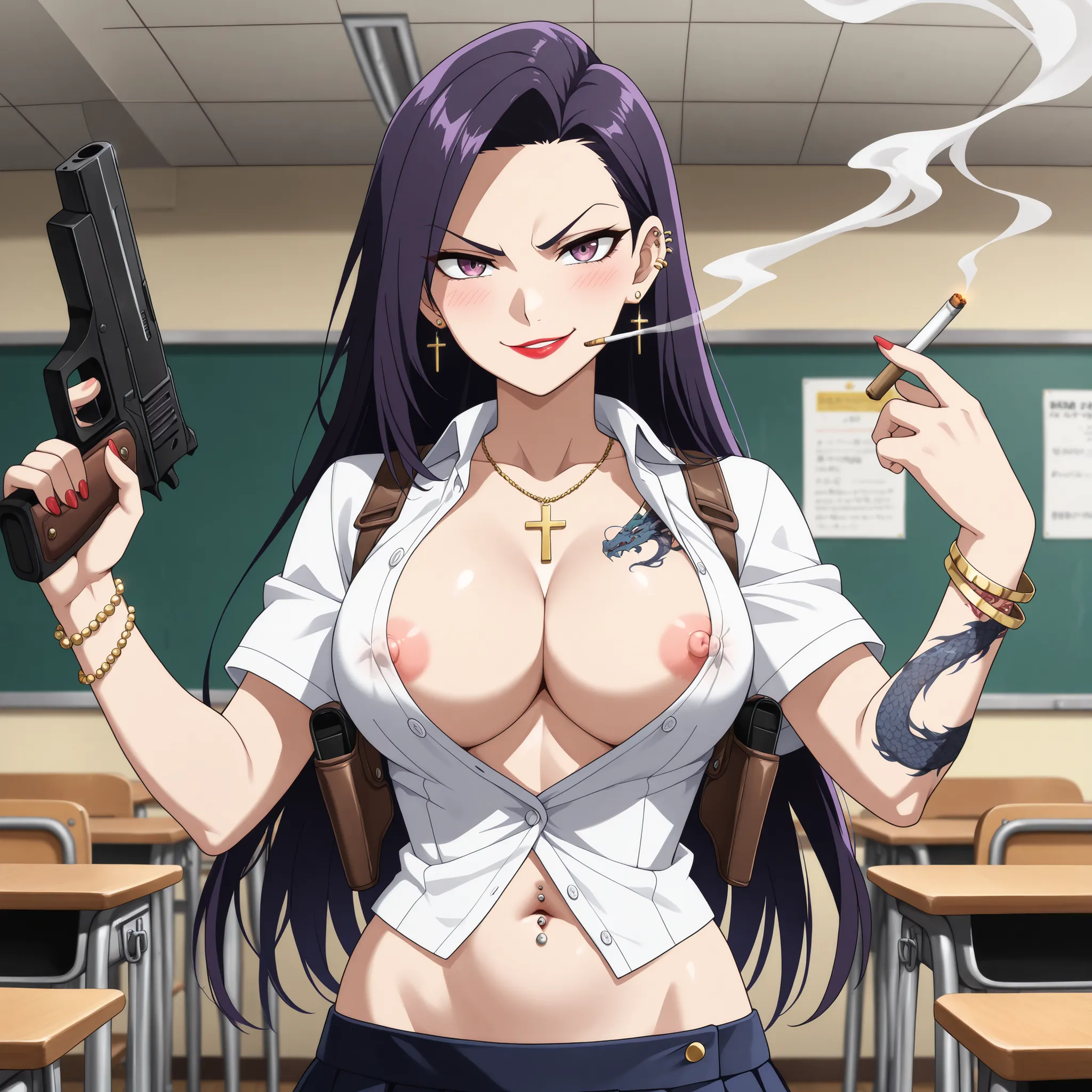  masterpiece,best quality,absurdres,newest,,2girl, two girls, long hair,covered nipples, ,midriff,navel,bracelet,tattoo,jewelry,,ear piercing, long hair, blush, lipstick,Hot girl, baddie, smoking, bad attitude, mean girl, sensual, attractive, cross necklac...