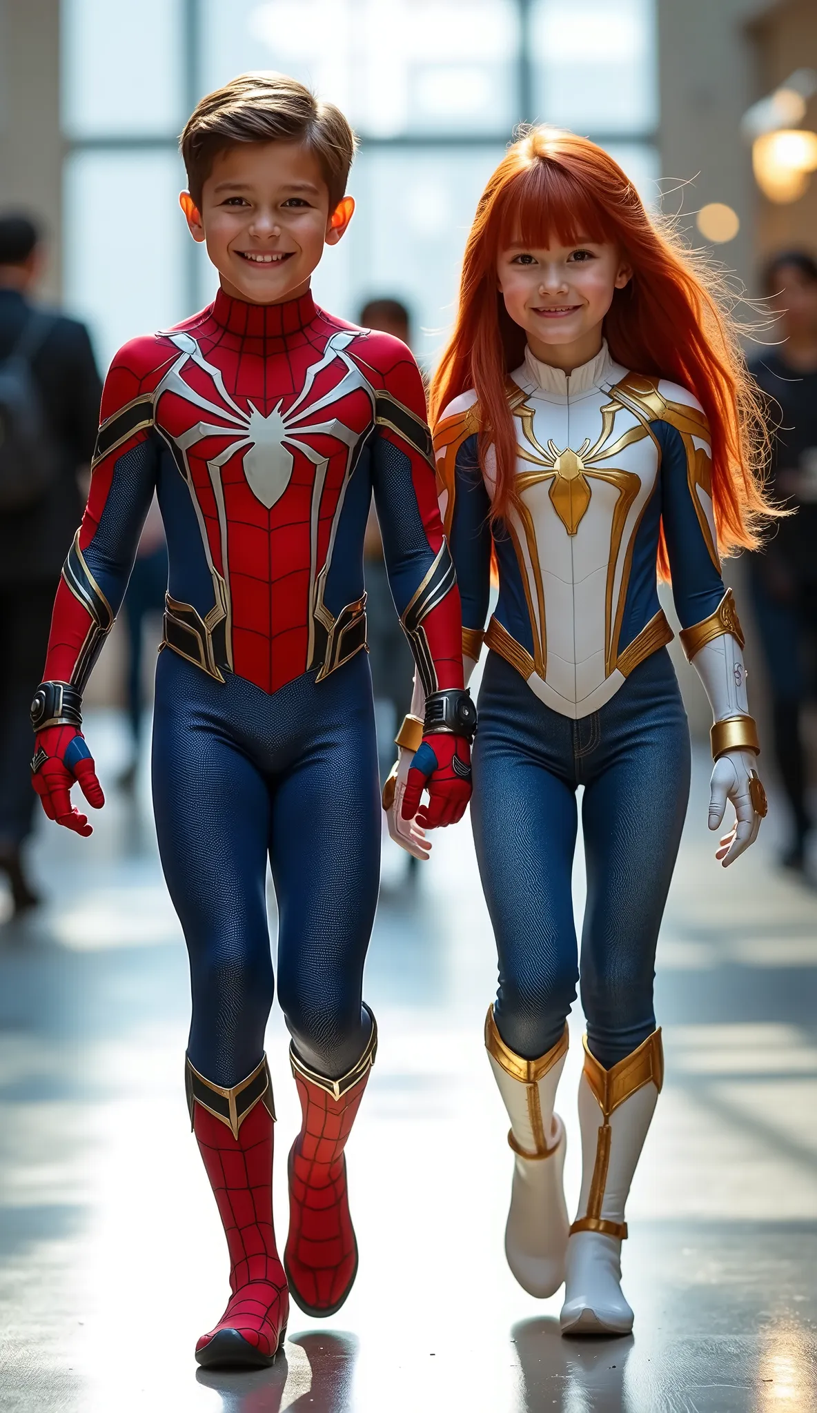 character: 1 boy brown hair Wearing futuristic red spider body suit with blue silver armor futuristic white accents, and 1 girl red hair with bangs Wearing futuristic white Spiderman body suit with gold silver armor futuristic white accents . They Looks E...