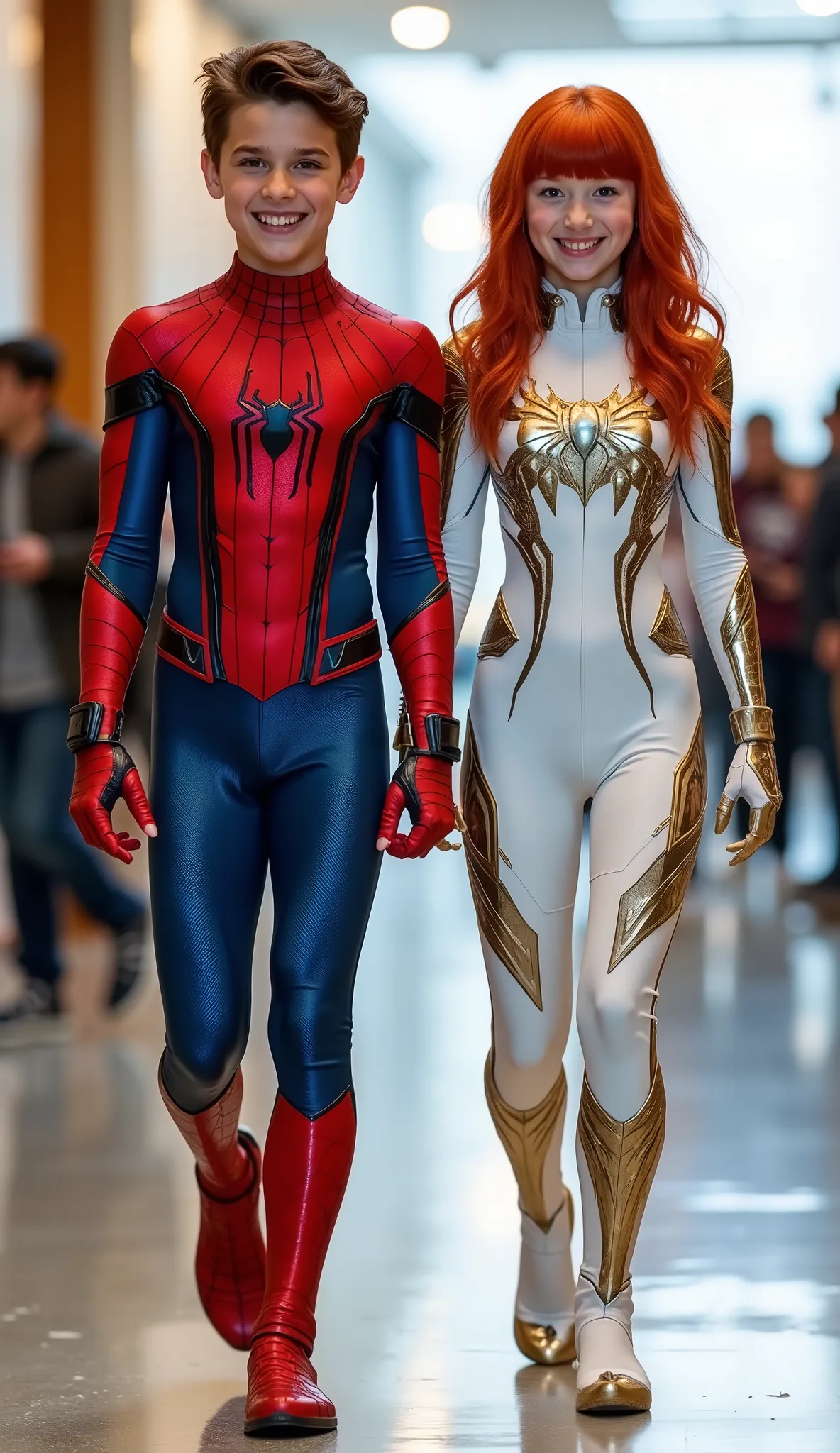 character: 1 boy brown hair Wearing futuristic red spider body suit with blue silver armor futuristic white accents, and 1 girl red hair with bangs Wearing futuristic white Spiderman body suit with gold silver armor futuristic white accents . They Looks E...