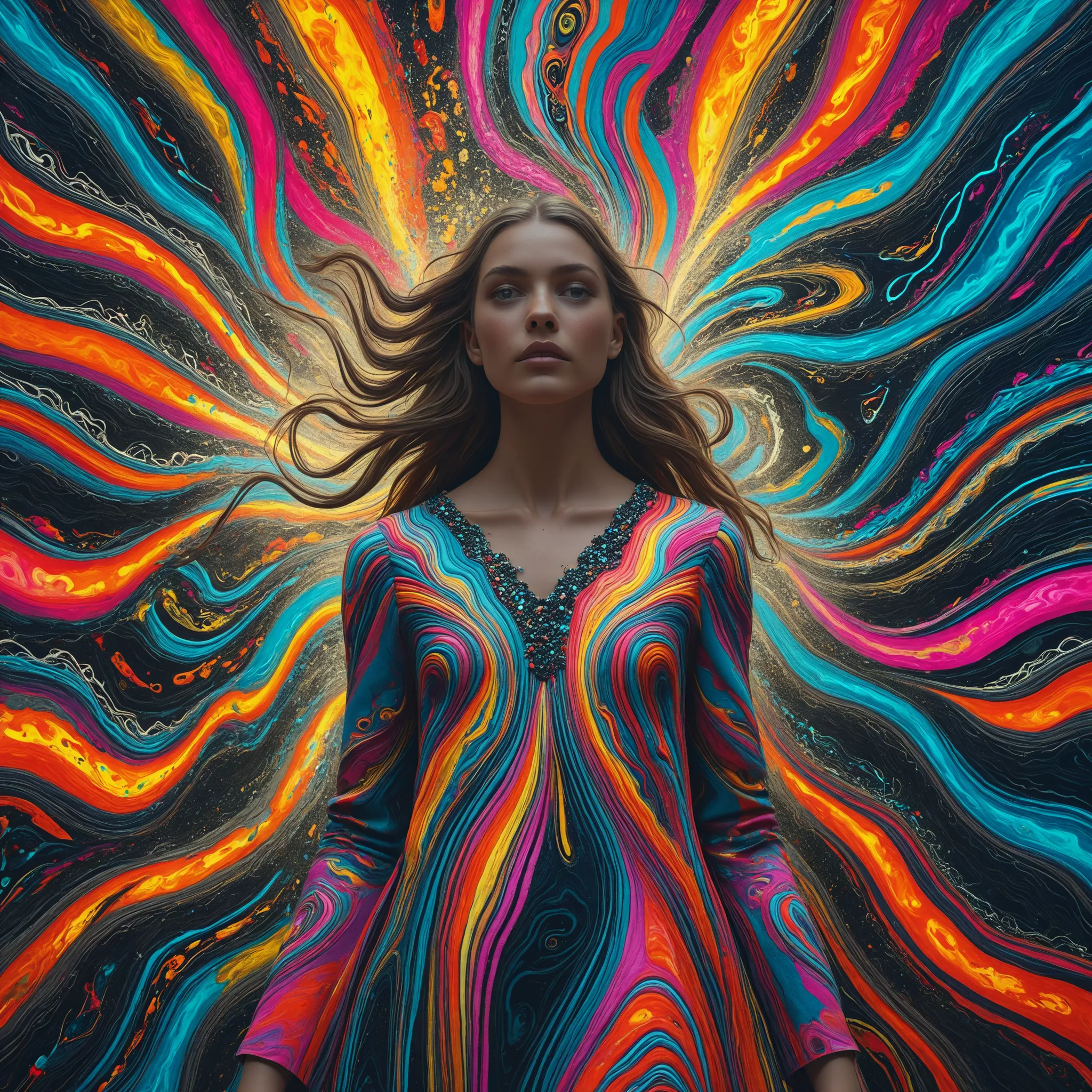 (masterpiece, top quality, best quality, official art, beautiful and aesthetic:1.2), (1girl:1.3), extremely detailed,(fractal art:1.2),colorful,highest detailed,( zentangle neon:1.2), (dynamic pose), (abstract background neon:1.5), (treditional dress:1.2),...