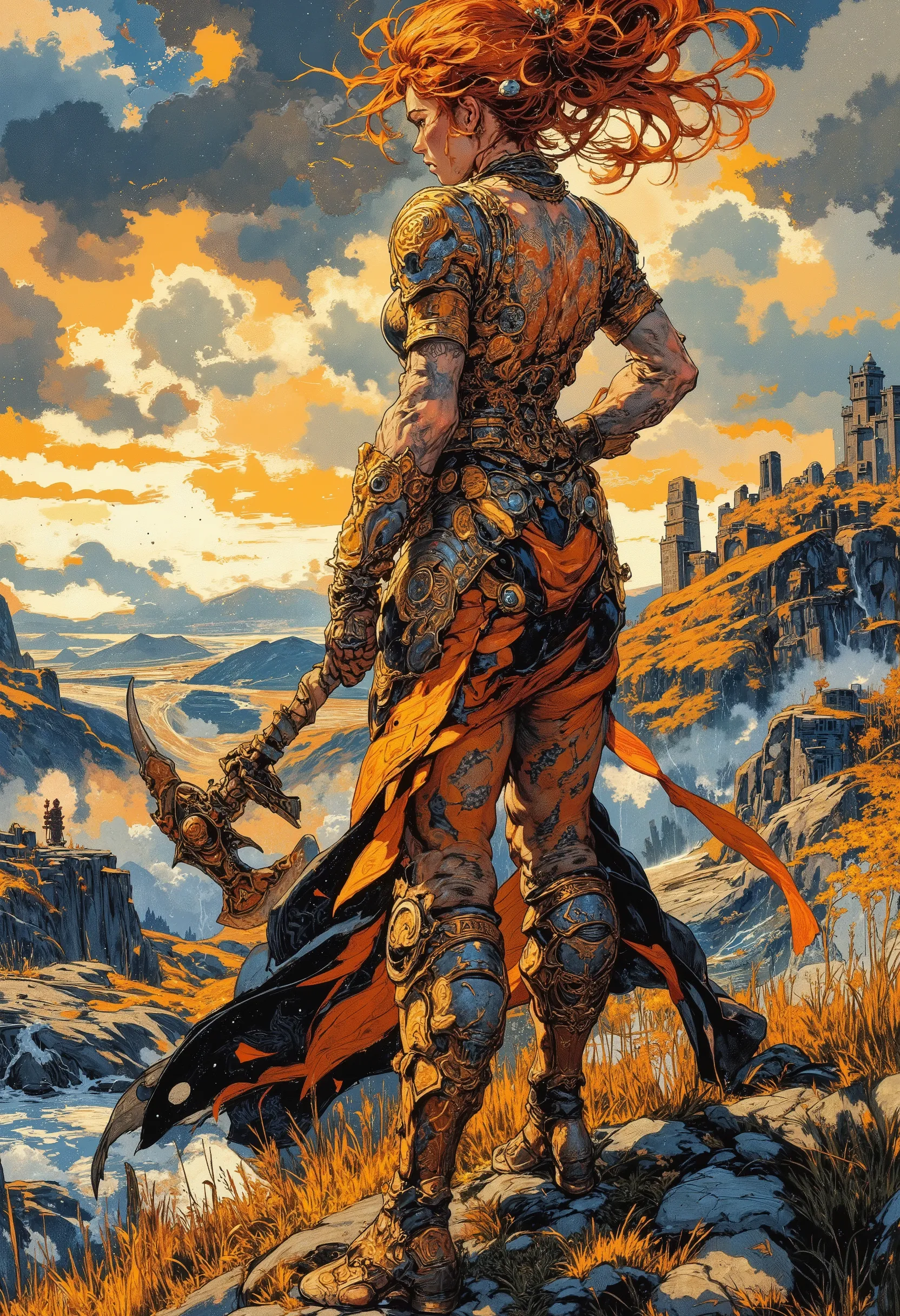 The Japanese manga-style poster depicts a ferocious berserk dwarf woman, her muscular back decorated with intricate runic tattoos, standing atop a rocky mountain peak. Her wild fiery red hair, braided in gold rings, flutters in the wind. She wields a massi...