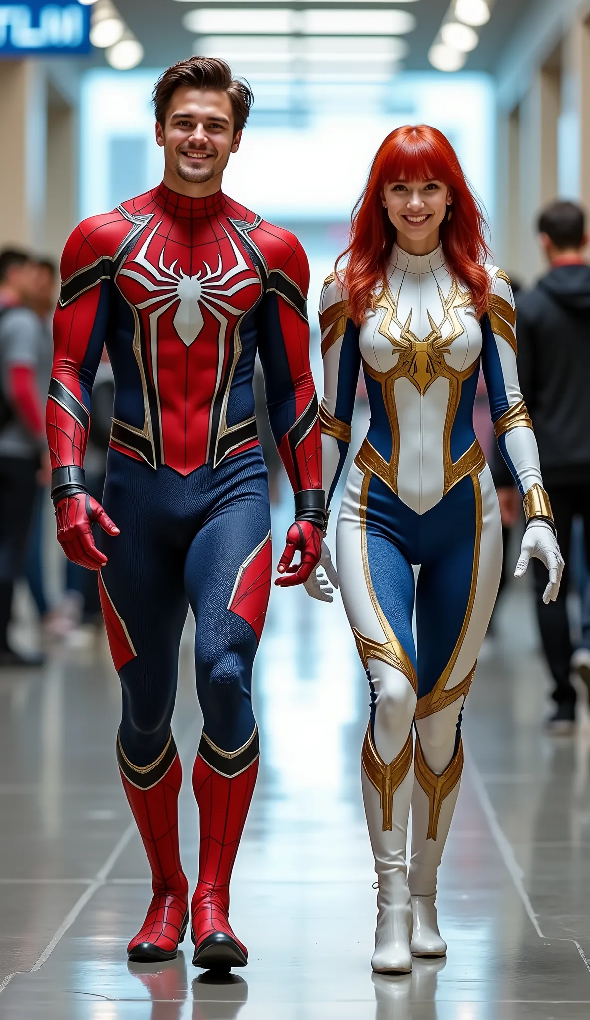 character: ung man brown hair Wearing futuristic red spider body suit with blue silver armor futuristic white accents, and ung woman red hair with bangs Wearing futuristic white Spiderman body suit with gold silver armor futuristic white accents . They Lo...