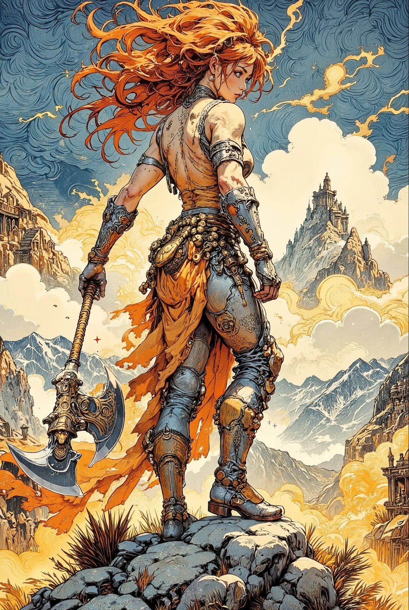 The Japanese manga-style poster depicts a ferocious berserk dwarf woman, her muscular back decorated with intricate runic tattoos, standing atop a rocky mountain peak. Her wild fiery red hair, braided in gold rings, flutters in the wind. She wields a massi...