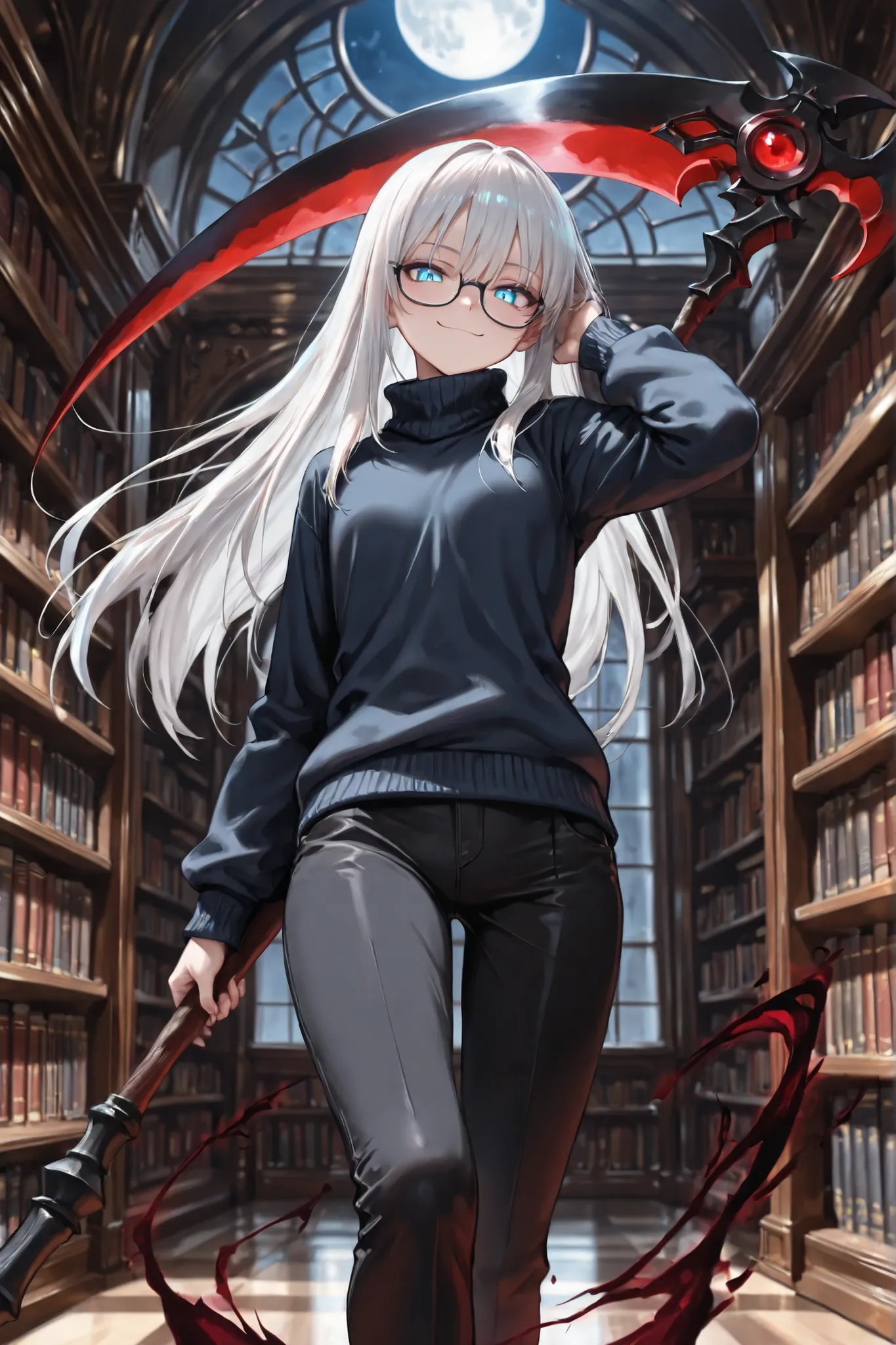 ((Masterpiece)),((best quality)),((incredibly absurdres)),((8K)),(semi realistic),
1 girl,solo,young female,aged up,kawaii,white hair,long hair,straight hair,blue eyes,small breasts,
(black eyewear),navy blue turtleneck sweater,loose shirt,black skinny je...