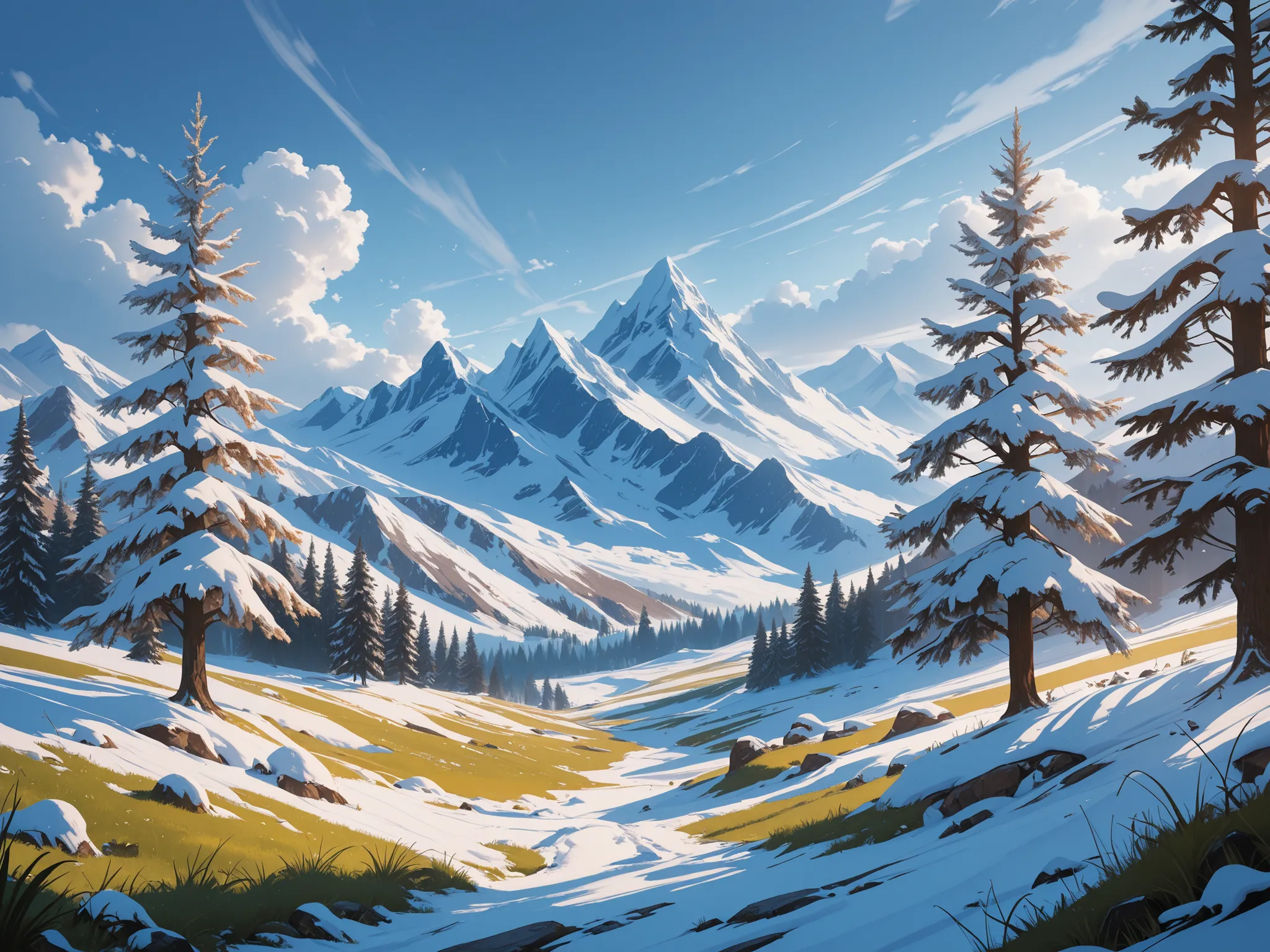 Conceptart,Concept Art,Samia, tree, scenery, cloud, winter is coming outdoors, sky, day, mountain, grass, nature, mksks style, best quality, perfect