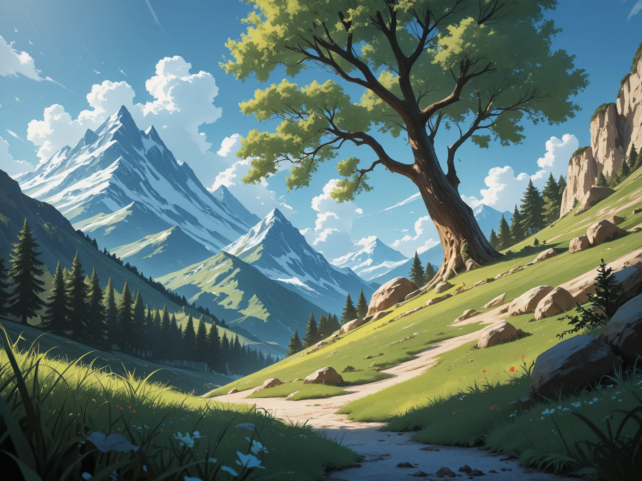 Conceptart,Concept Art,Samia, tree, scenery, cloud, summer is coming outdoors, sky, day, mountain, grass, nature, mksks style, best quality, perfect