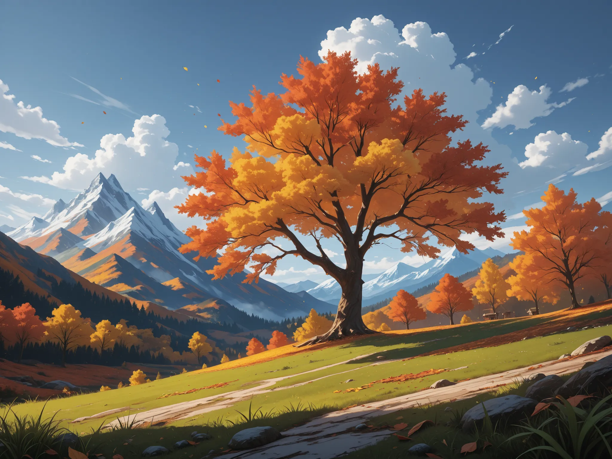 Conceptart,Concept Art,Samia, tree, scenery, cloud, autumn is coming outdoors, sky, day, mountain, grass, nature, mksks style, best quality, perfect