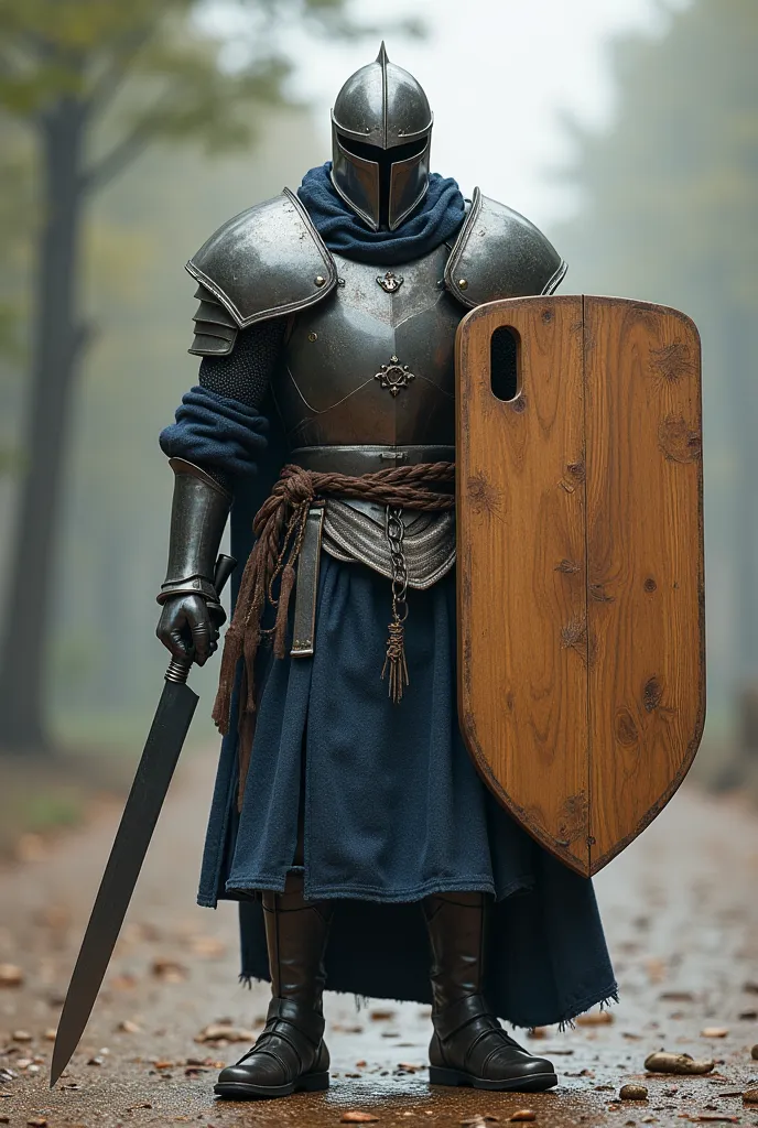 medieval knight wearing rare equipment, solo, (wearing greengrocer apron,Indigo dyed denim,front apron with only lower back), (and holding 包丁,used cooking knife,sharp reflective cutting edge,knife made by forging steel,Traditional Crafts ), (with holding cutting board shield,thick board made of wood,cooking cutting board,knife scratches on the surface), 