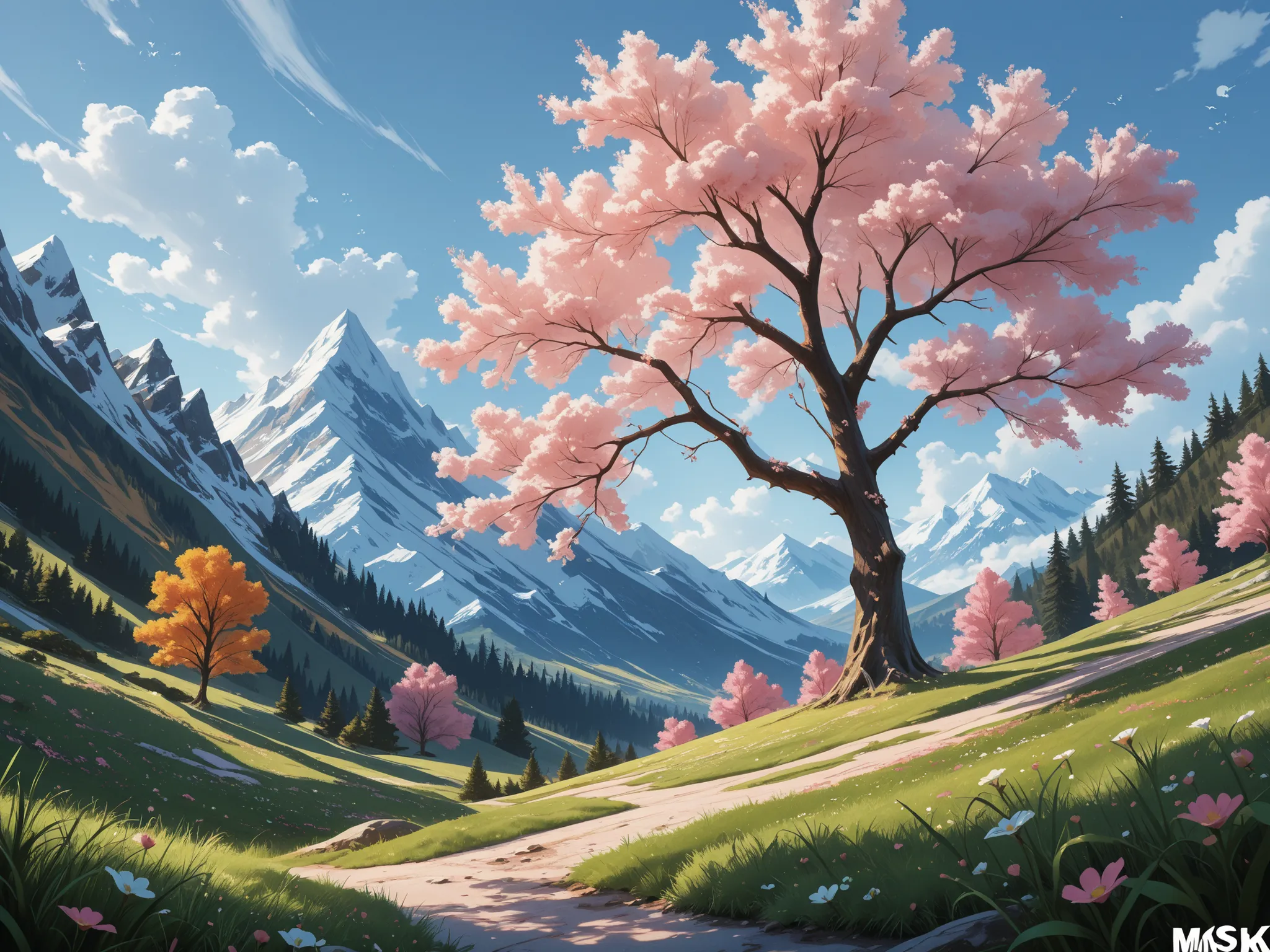 Conceptart,Concept Art,Samia, tree, scenery, cloud, spring is coming, outdoors, spring season, sky, day, mountain, grass, nature, mksks style, best quality, perfect