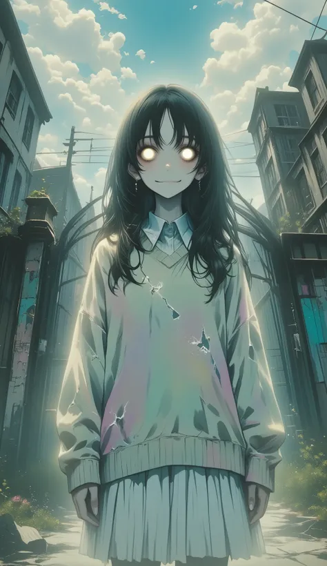 Medium-shot, vertical pastel-style illustration featuring the ghost of a beautiful high school girl standing motionless in front of an old school gate. Her long, straight black hair drapes heavily down her back, unmoving despite the air. Her pale face stil...