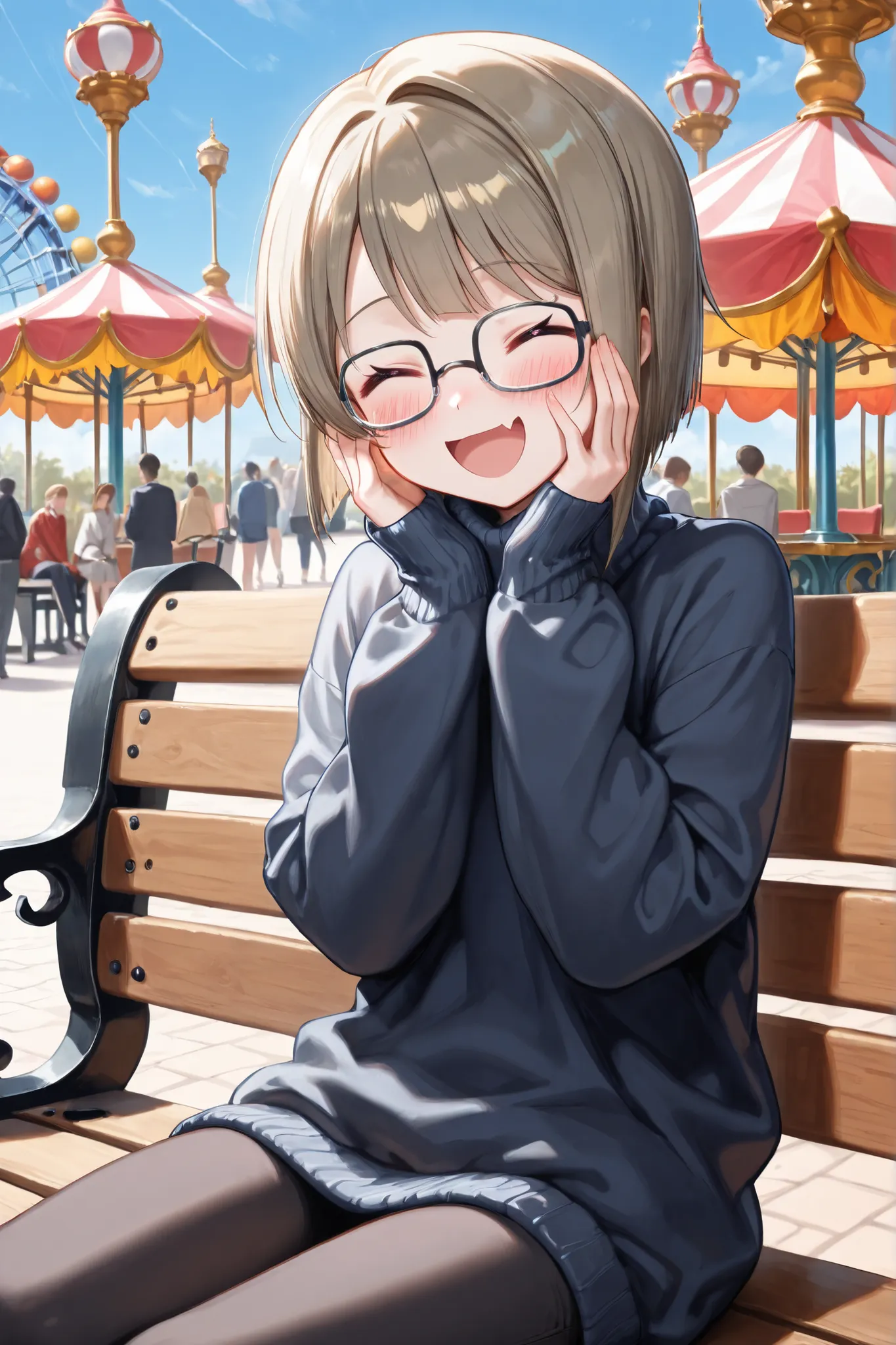 ((Masterpiece)),((best quality)),((incredibly absurdres)),((8K)),(semi realistic),
1 girl,young,nakasu kasumi,bob cut,light brown hair,asymmetrical hair,petite,small breasts,
(black eyewear),(square glasses),(navy blue Plain turtleneck sweater),black skinn...