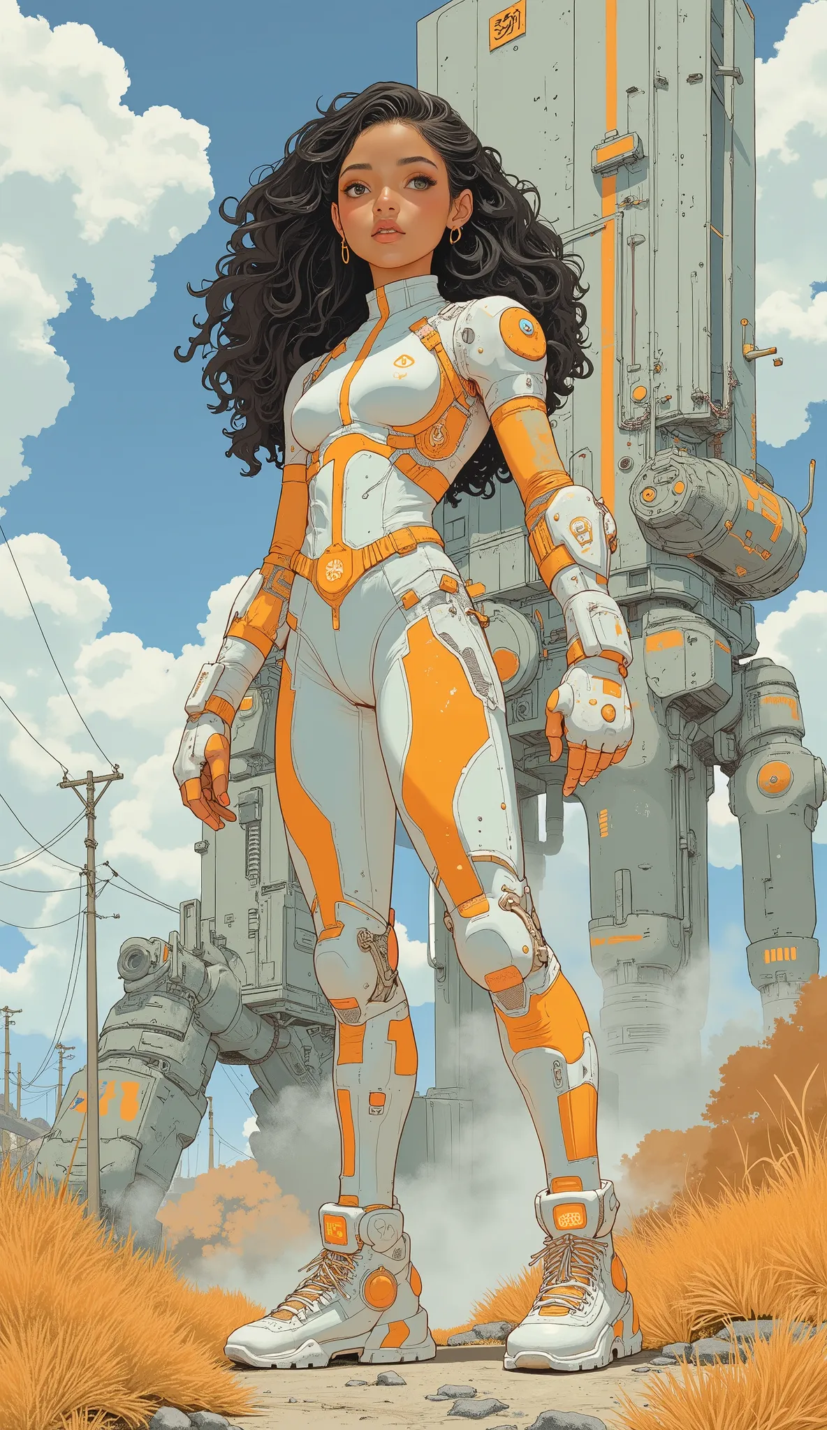 cartoon of a woman in a white and orange superhero costume inspired by Alan Davis, With all my heart and soul! Asuka&#39;s Suit, Asuka&#39;s Suit under clothes!, full body concept, Full Body Hero, superhero body, Varia Suit, energetic Varia Suit,  android ...