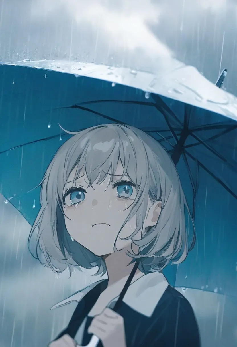 view from above。Drained composition。In the Rain。 girl holding an umbrella。Staring at the sky with a grumpy expression。