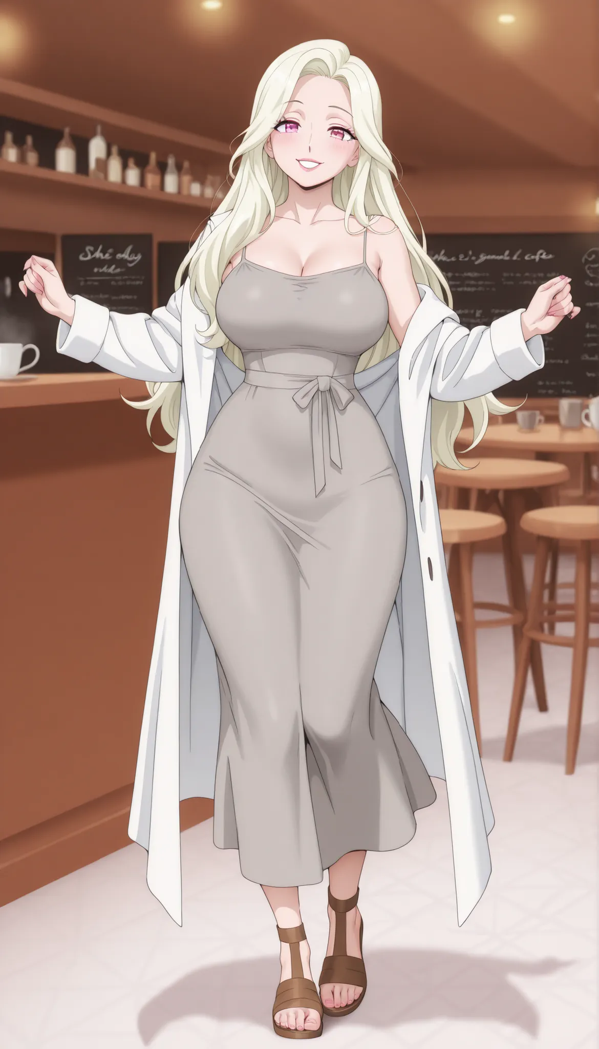 A mature extremely beautiful woman with straight long blond hair, extremely fair white natural skin, big pink eyes, red plump glossy lips, a small waist, medium-sized breasts, and a perfect slim yet curvy body. She's only wearing a long ankle-length tight ...