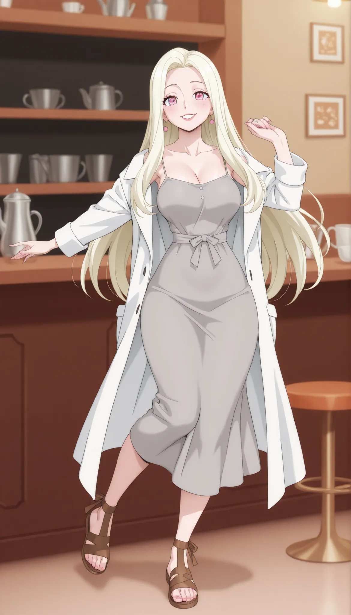 A mature extremely beautiful woman with straight long blond hair, extremely fair white natural skin, big pink eyes, red plump glossy lips, a small waist, medium-sized breasts, and a perfect slim yet curvy body. She's only wearing a long ankle-length tight ...