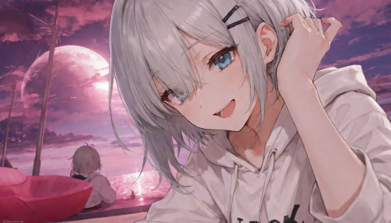 Gray Hair、Laughter、great,  Silver Hair,  iris, has a small face、明るいsmile、(detailed face) ,Professional Lighting,great風景,blue sky, sunlight,open your mouth、、Her eyes were shining、とてもshort hair,  long bangs between eyes , very detailed,(masterpiece、Highest Quality)、smile、open your mouth、short hair、hairpin、beautiful eyes on my stomach、white hoodie、blue eyes、Seaside、I can see the ocean
