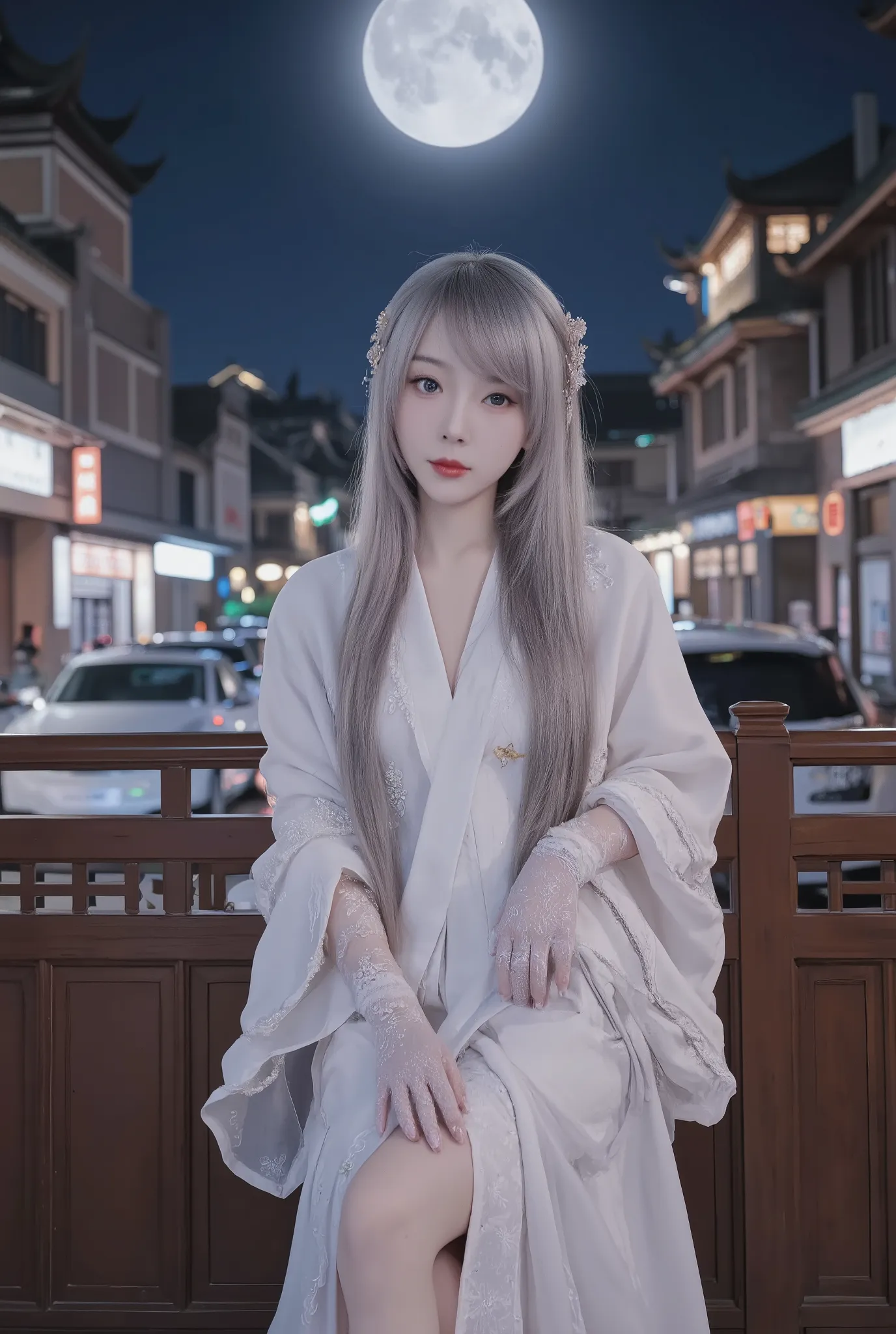  masterpiece,  best , night, Full Moon,  1 adult female, Chinese architecture, Long gown,  Chinese clothing , Day Night, Cold Face, Poker face, woman with long silver hair,  LIGHT PINK LIPS ,  fishnet socks, Calm, intellectuals, Three, Lace Gloves,  blue e...