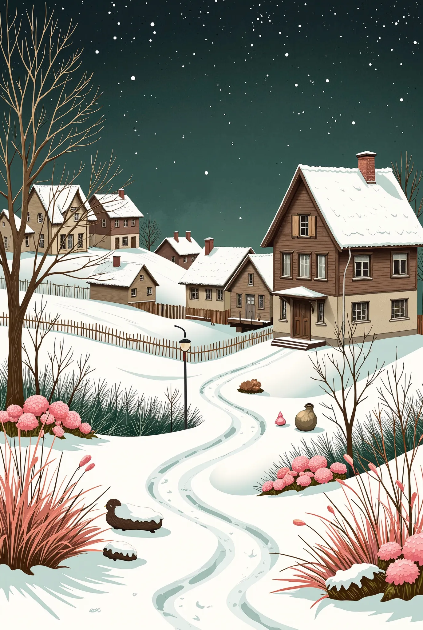 adding intricate detail to the horizon, Quaint, 雪に覆われたHome々This work depicts a charming winter village landscape. Snow softly covers roofs and rolling hills, This work depicts a charming winter village landscape. Delicate, arrangement creates a sense of de...