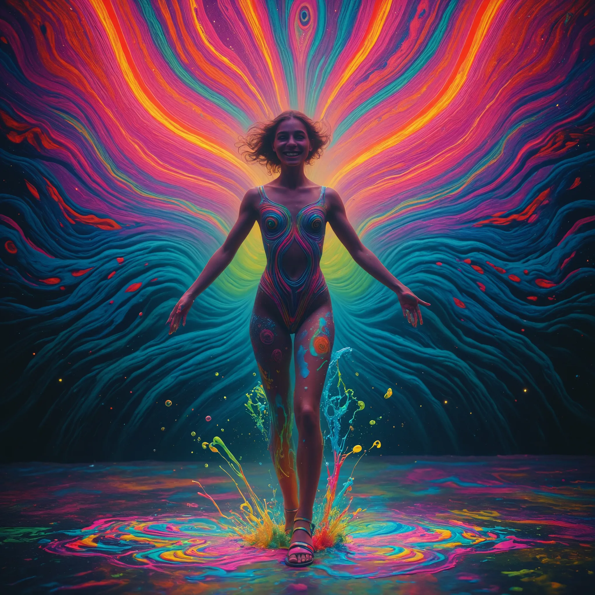 Glow in the dark ,Paint splashing,Captivating psychedelic surreal neon amazing universe beautiful gorgeous women in a bright colorful neon light,Mark Reiden、daniel merriam、Bright neon colors in the style of Frank Frazetta and Boris Vallejo, 、fashion clothe...