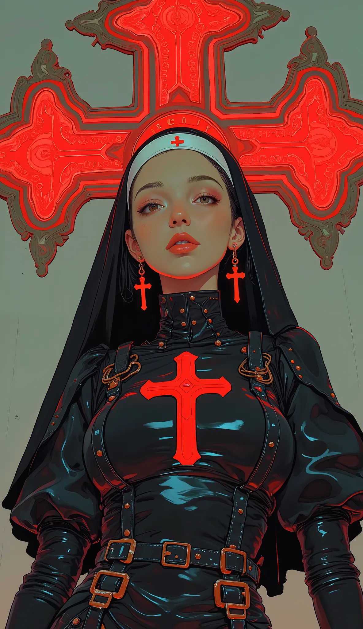  the young woman is dressed in a stylized nun's outfit, 、 exuding a provocative allure, the image blends religious motifs with fashionable elements, . Her outfit is tight,  made of shiny black latex, ,  reverse exchange,  highlighting her curves with a scu...