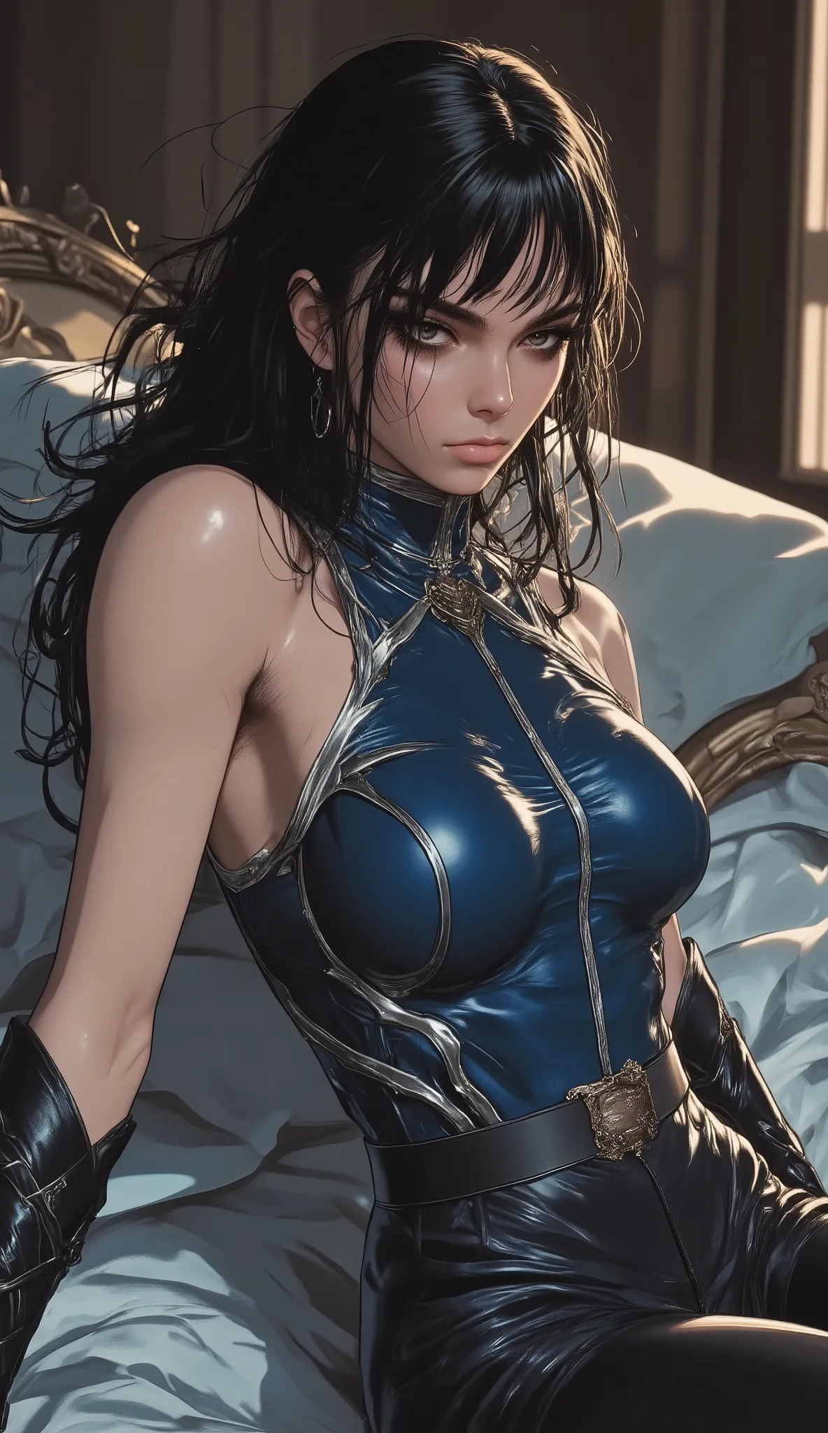masterpiece, best quality, ultra-detailed, (stunningly beautiful woman:1.3) with (lustrous long black hair:1.2) and (wispy scattered bangs:1.1), (exquisite symmetrical face:1.2), piercing (cold arrogant gaze:1.2), (athletic fit physique:1.1), (flawless ala...